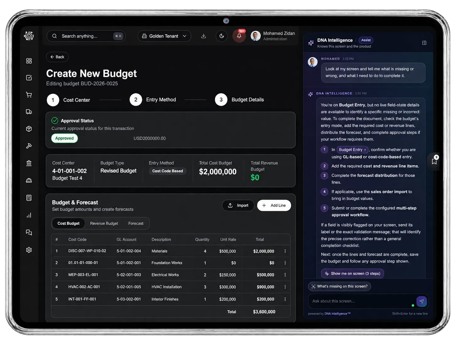 Budget Entry with DNA Assist in DNA ERP