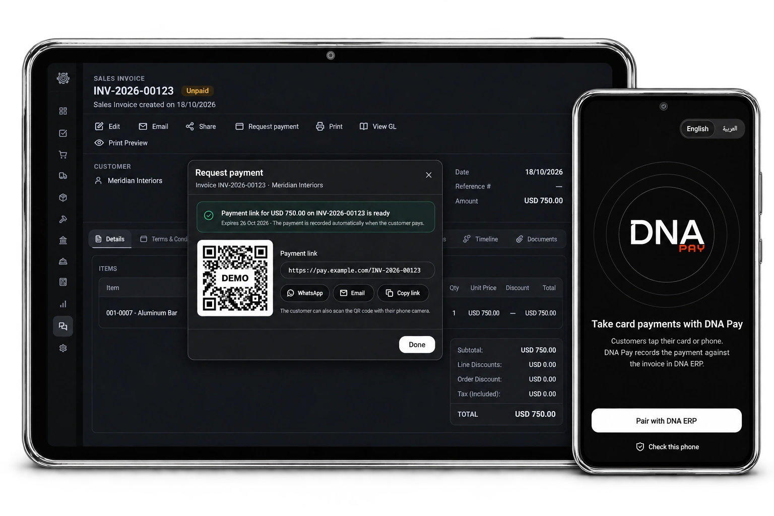 DNA Pay — payment link in DNA ERP on a glass tablet and the welcome screen on an Android phone