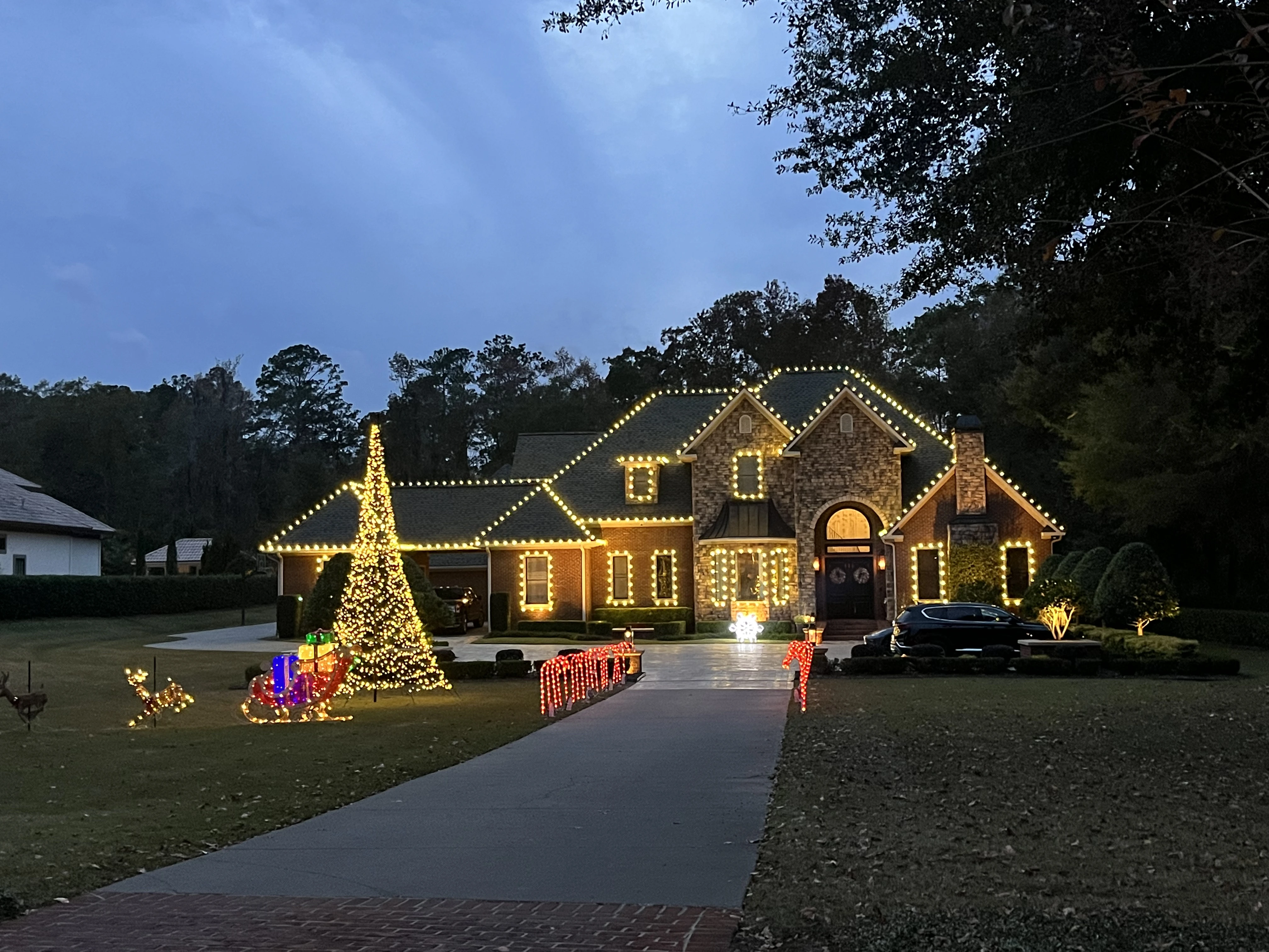 A house with decorated lights and a Christmas tree on the lawn.