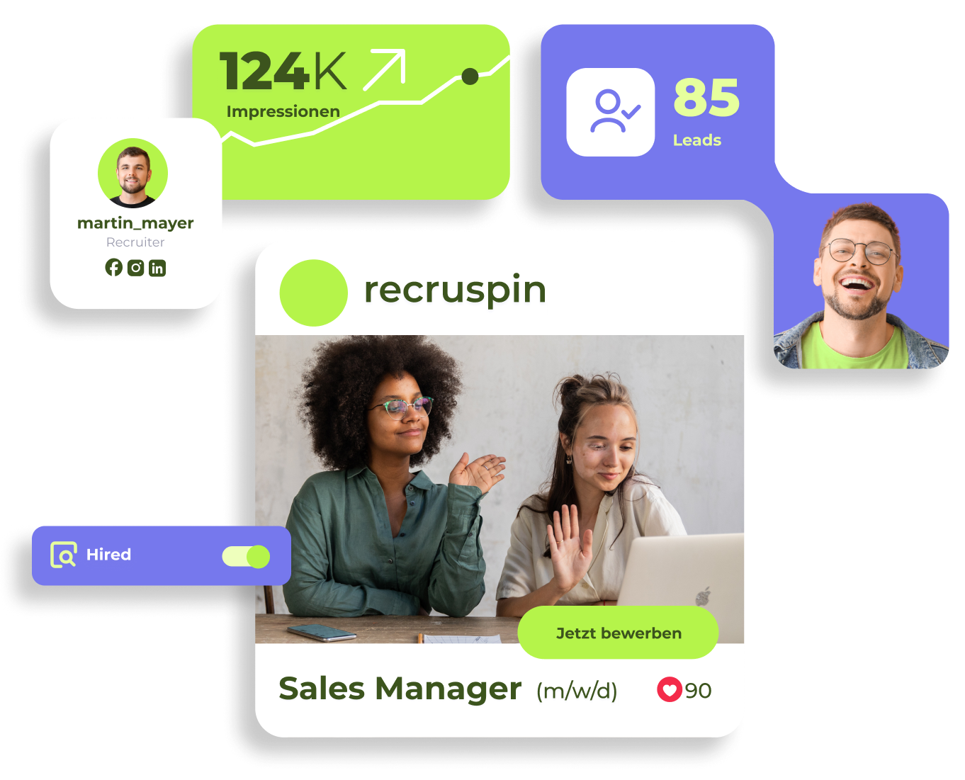Benutzerprofil von martin_mayer mit sozialen Symbolen, Diagramm mit 124K Impressionen, Anzeige von 85 Leads, lächelnder Mann mit Brille, Jobanzeige für Sales Manager mit Bild von zwei Frauen, die am Laptop arbeiten, und Schaltfläche Jetzt bewerben.