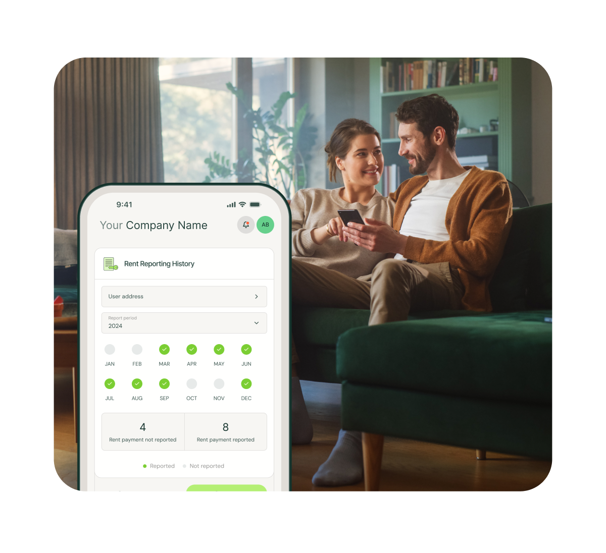 Couple sitting on a green couch looking at a smartphone with a rent reporting history app displayed.