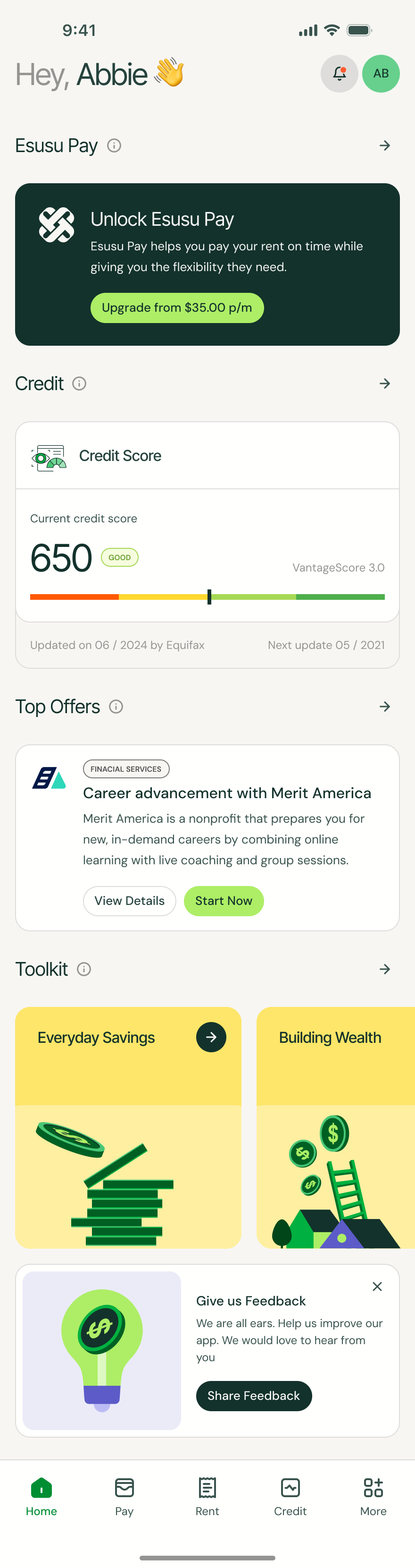 Mobile banking app screen greeting user Abbie with options to unlock Esusu Pay, view credit score of 650 marked as good, access top offers including Merit America career advancement, and use toolkit sections for Everyday Savings and Building Wealth.