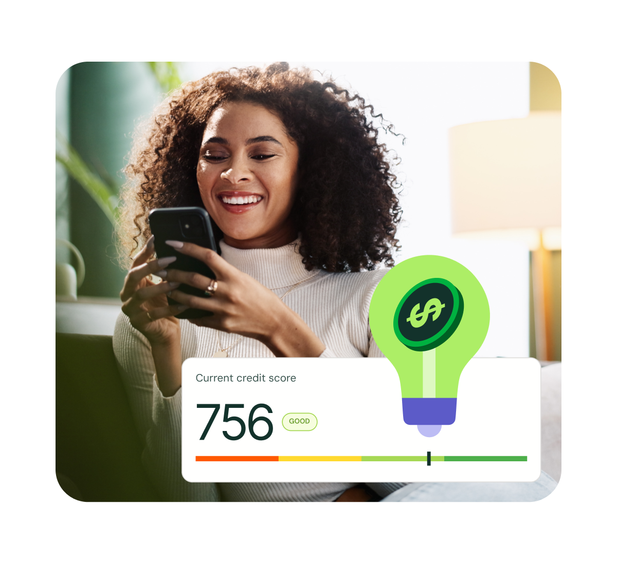 Smiling woman looking at her smartphone with an overlay showing a current credit score of 756 marked as good.