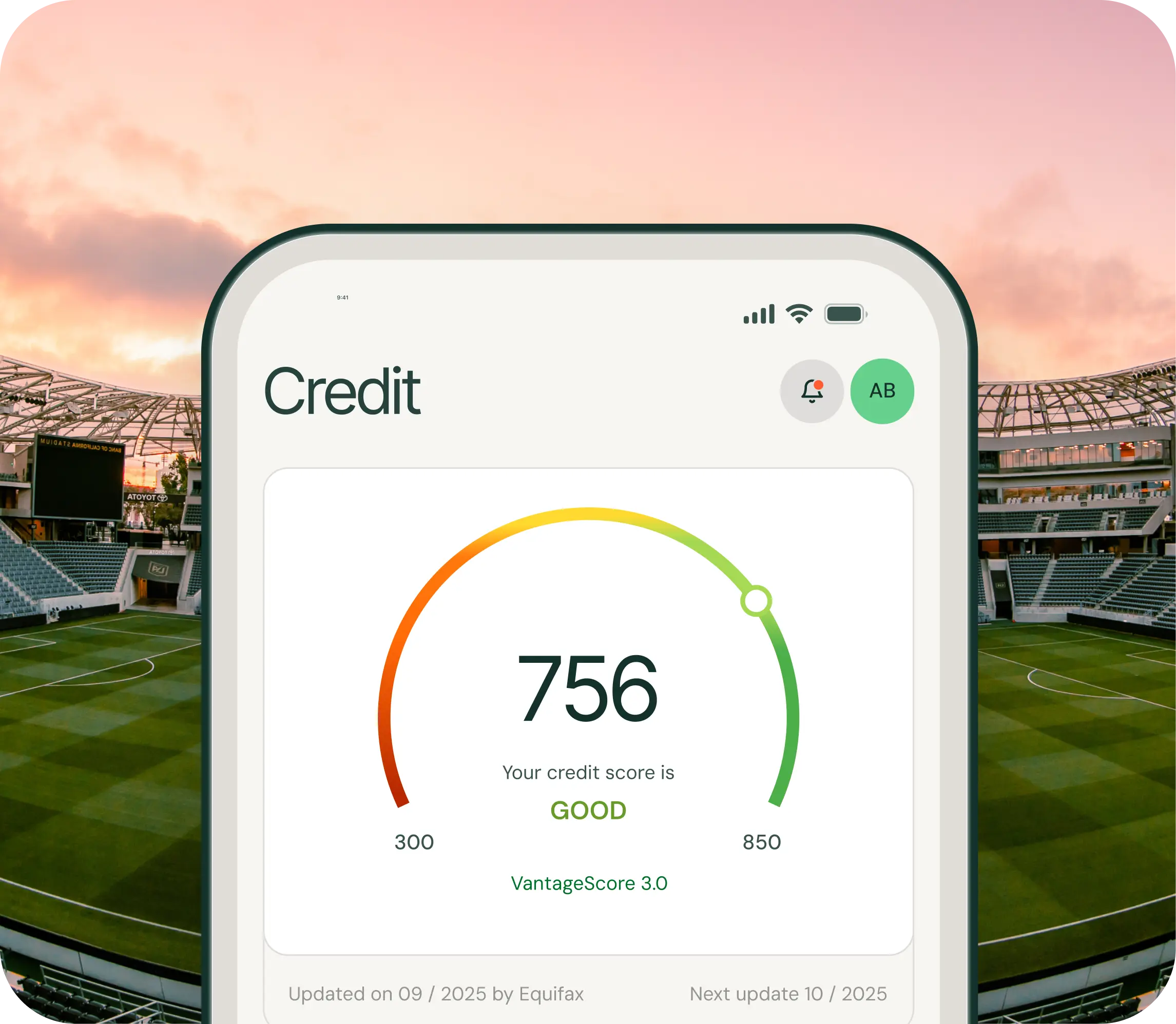 Mobile screen showing a credit score of 756 rated as good on a color-coded gauge from 300 to 850 using VantageScore 3.0.