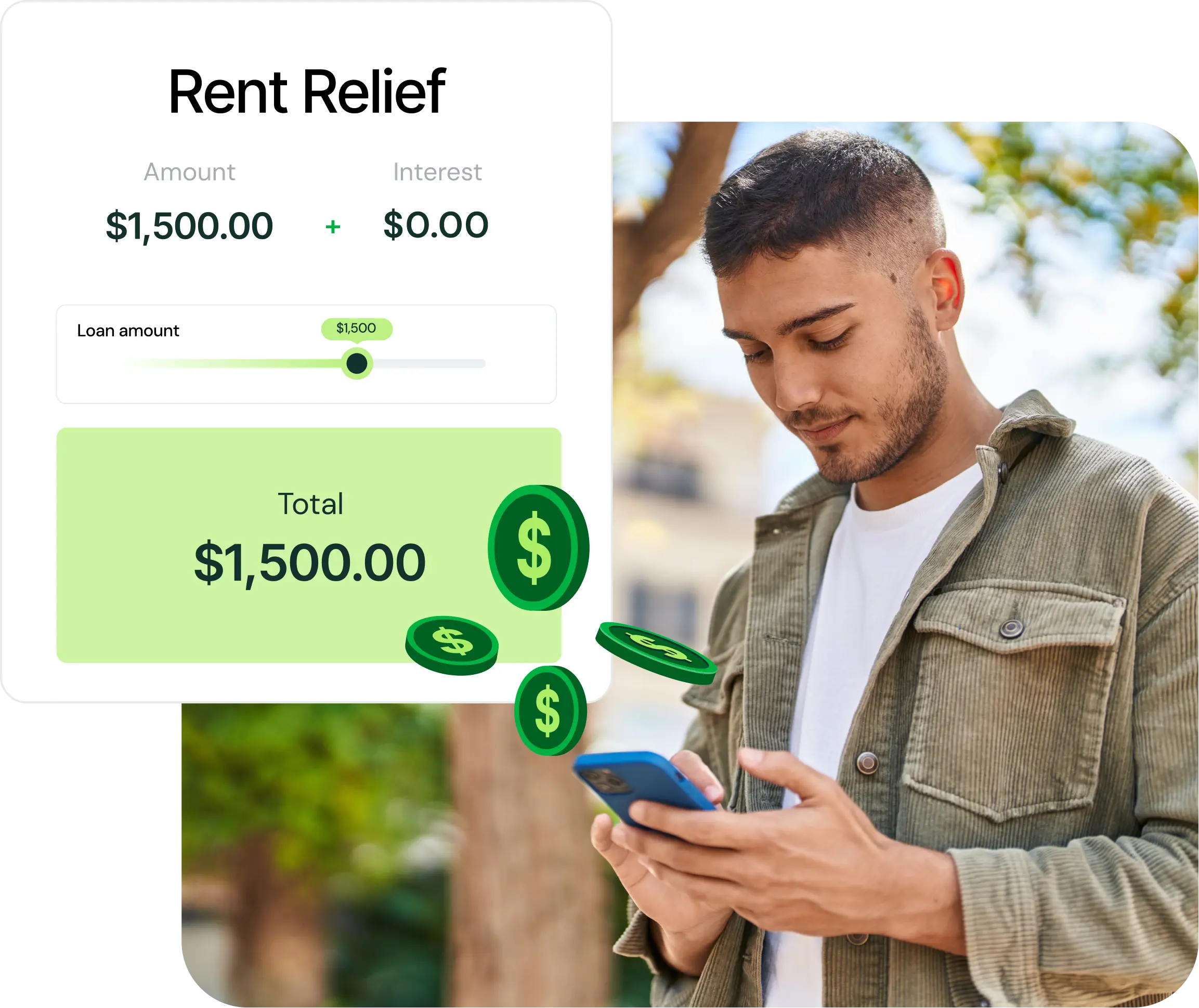 Young man using smartphone next to a digital interface showing $1,500 rent relief loan with no interest.