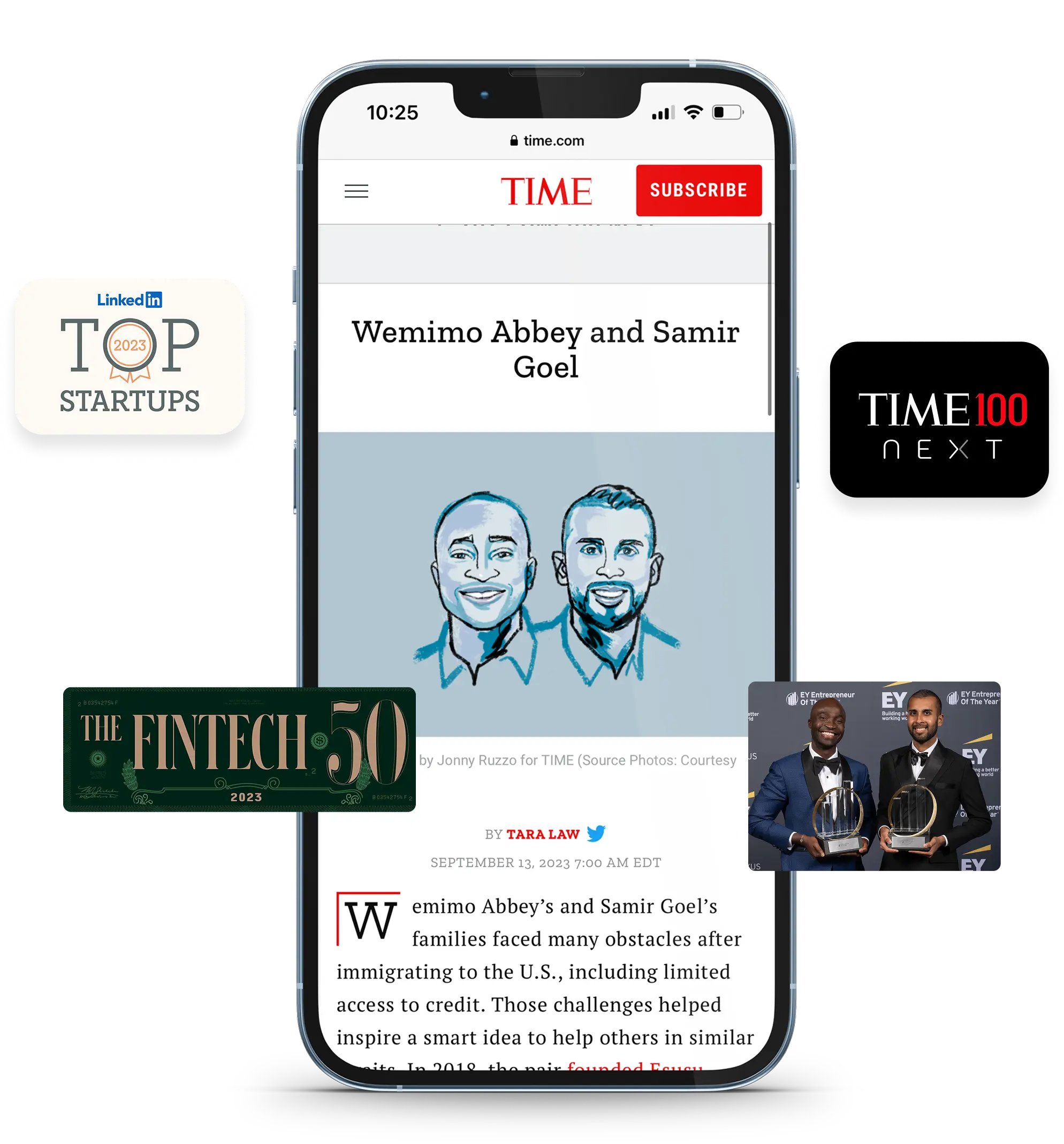 Mobile phone screen showing a TIME article titled 'Wemimo Abbey and Samir Goel' with illustrated portraits of the two men, surrounded by logos for LinkedIn Top Startups 2023, TIME 100 Next, The Fintech 50 2023, and a photo of Abbey and Goel holding awards in suits.