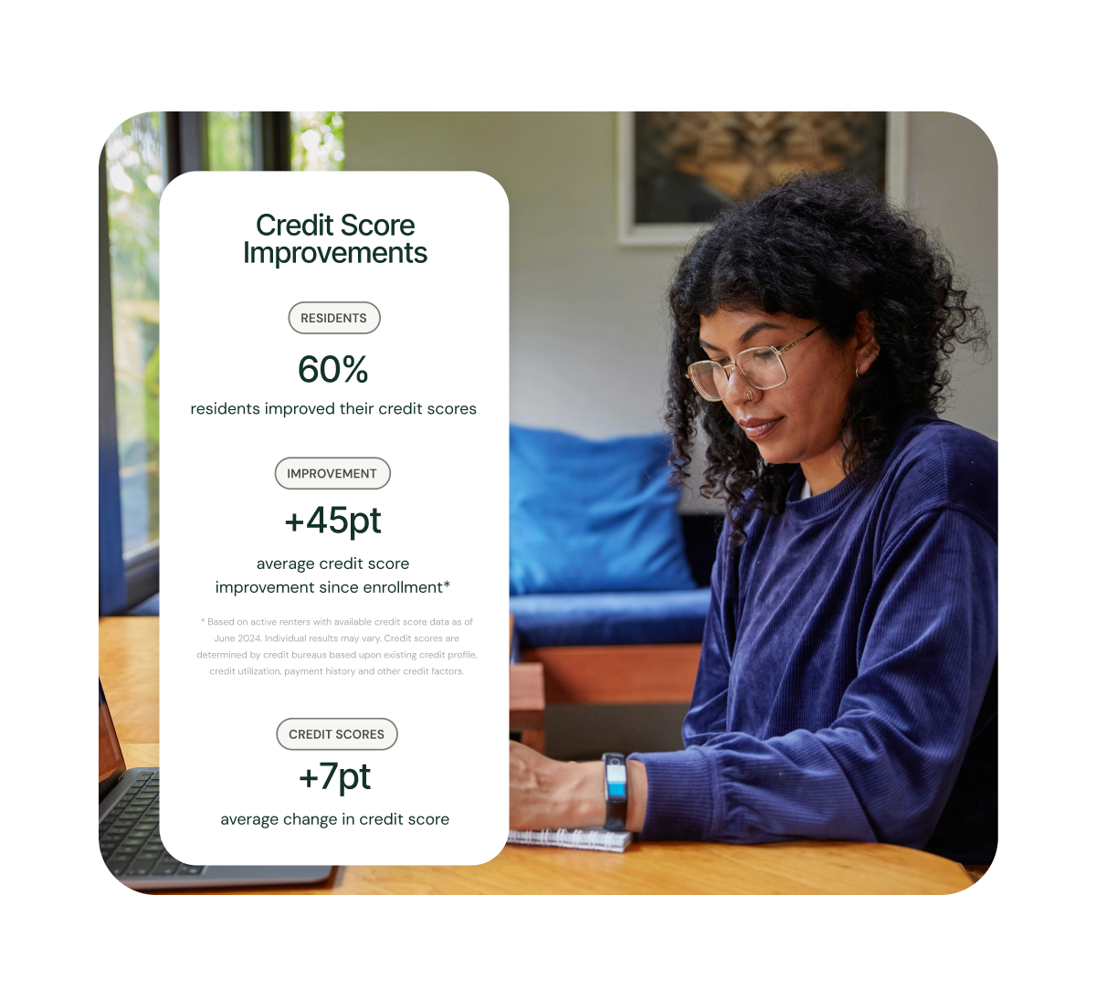A happy professional woman working sitting with her laptop with a credit score of 802 rated as excellent displayed