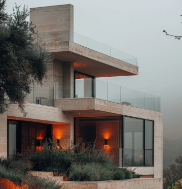 Multi-level contemporary residence featuring a minimalist design, glass railings, and outdoor living spaces.