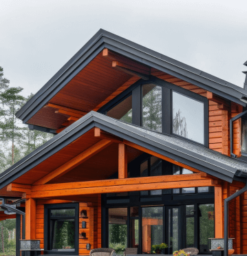 Modern home with a warm wood exterior, multiple gables, large windows, and a backdrop of tall pine trees.