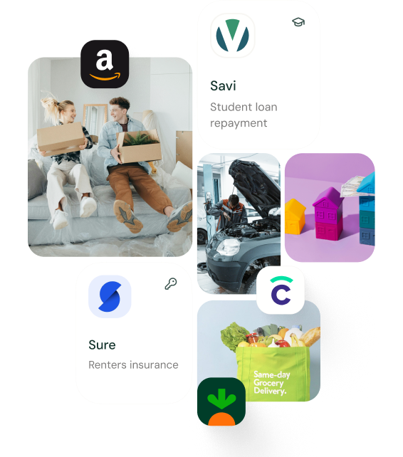 Partner marketplace showing logos for Covered, Instacart, Caribou, SURE, Gravy, Welcome, Savi, Prime Access, and Arro with category filters