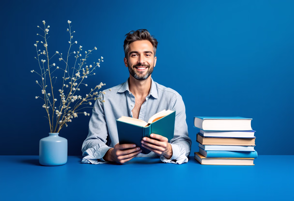 image of author with book collection