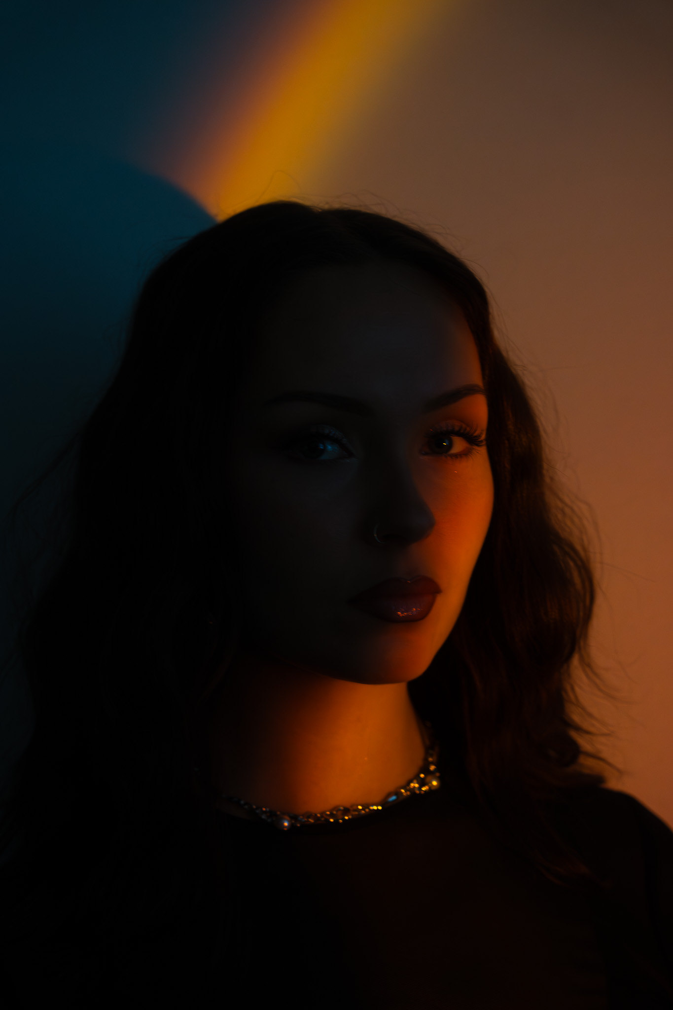 Portrait of a woman with long dark hair, half of her face illuminated by warm orange light and the other half in shadow.