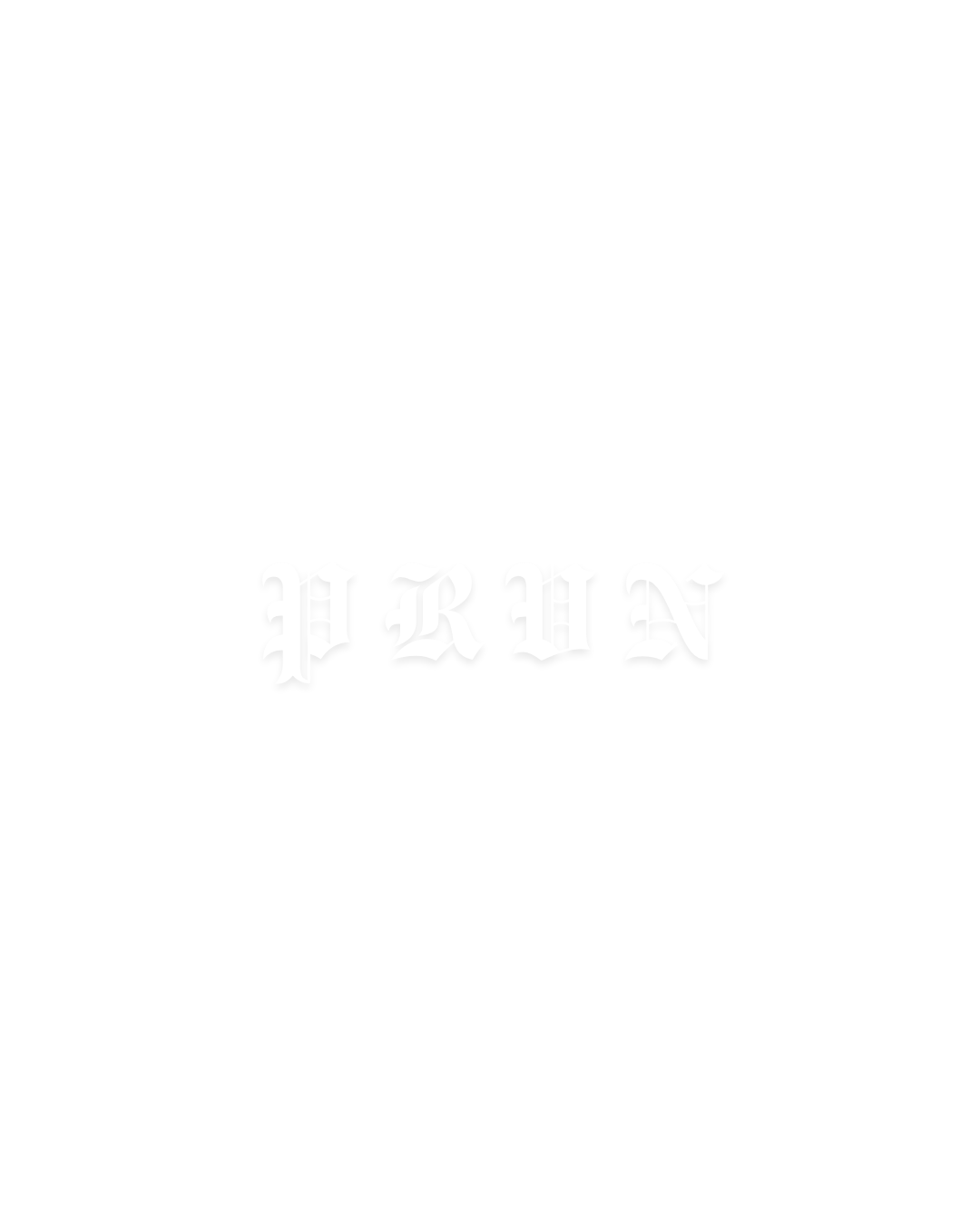 Black background with the word 'PRVN' in white Old English font centered.