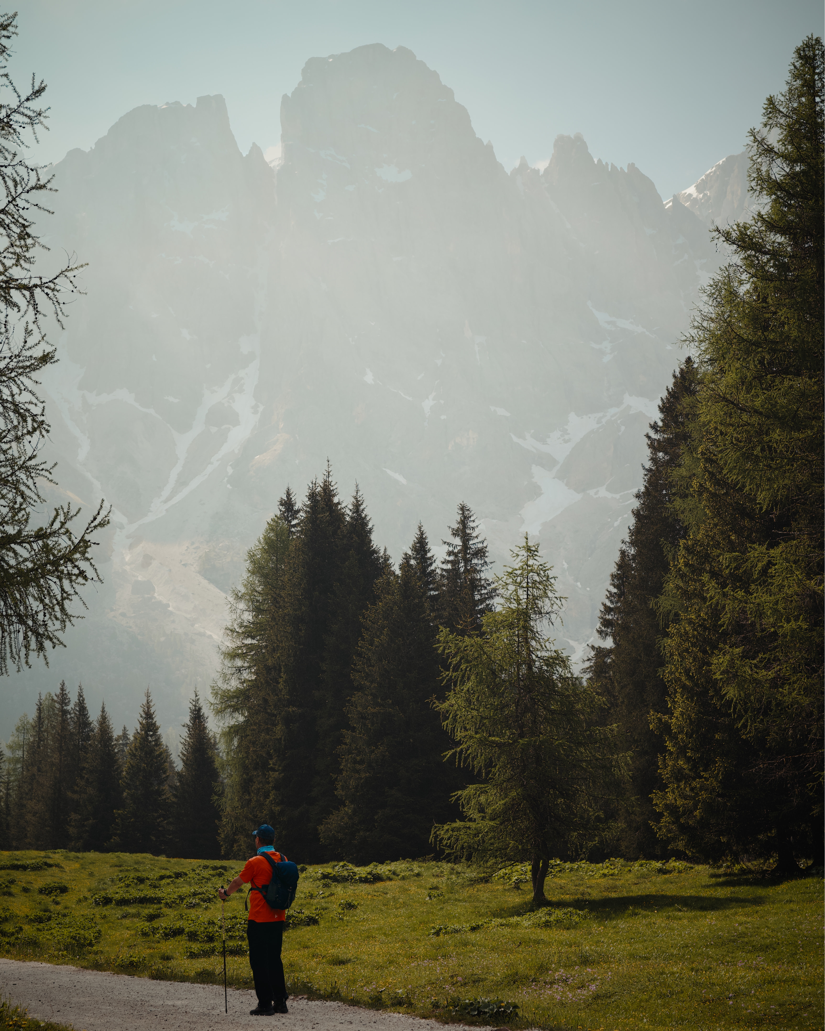 Hiker in red jacket with backpack standing on a trail surrounded by green trees and grass with foggy mountain peaks in the background.