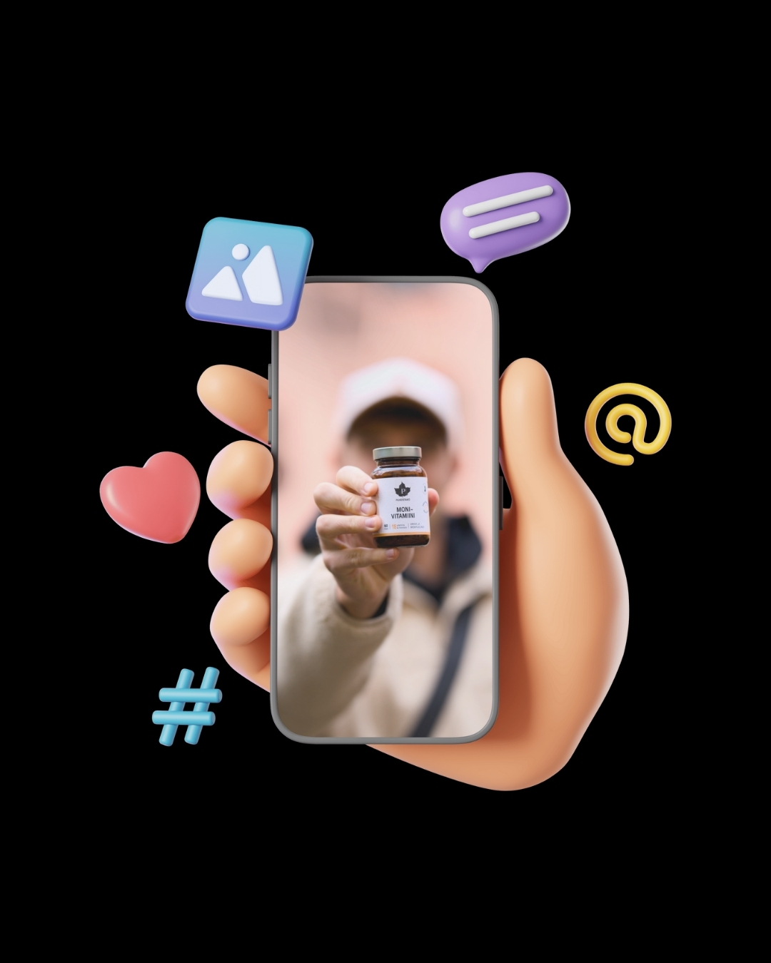 Hand holding smartphone displaying a person holding a bottle labeled Moni Vitamin with floating social media icons around.