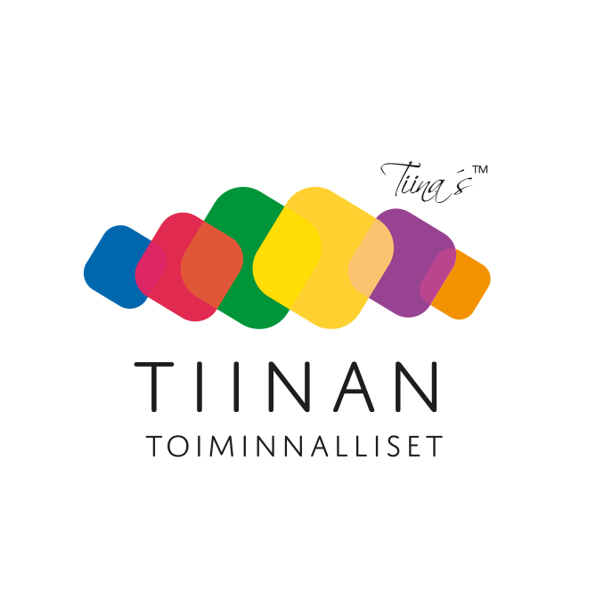 Colorful overlapping rounded squares above the text 'Tiinan Toiminnalliset' with a cursive 'Tiina's' and trademark symbol on a white rounded square background.