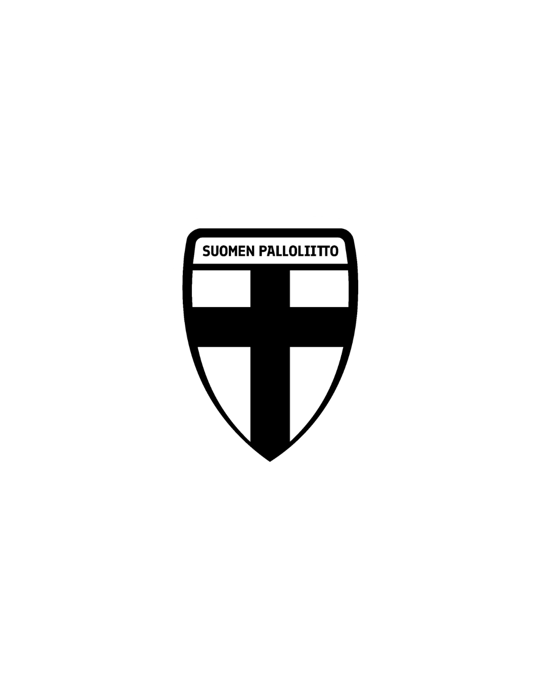 Black and white shield with cross and text Suomen Palloliitto at top.