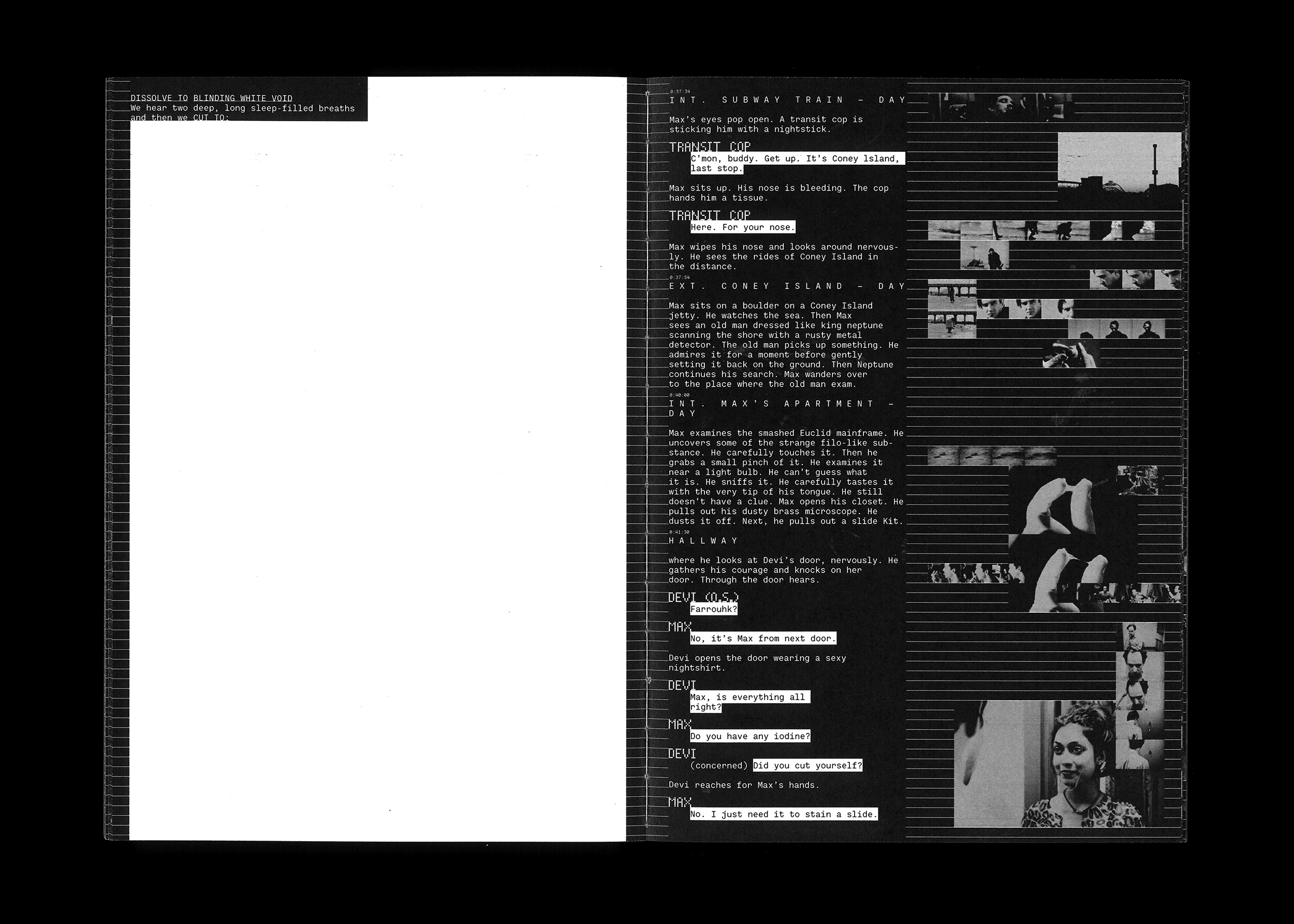 Fourth doublepage example of the book "PI" in black and white