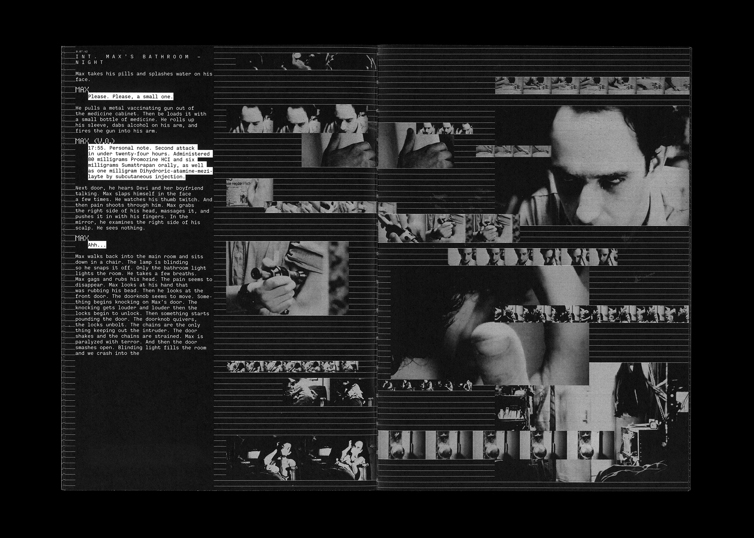 Ninth doublepage example of the book "PI" in black and white