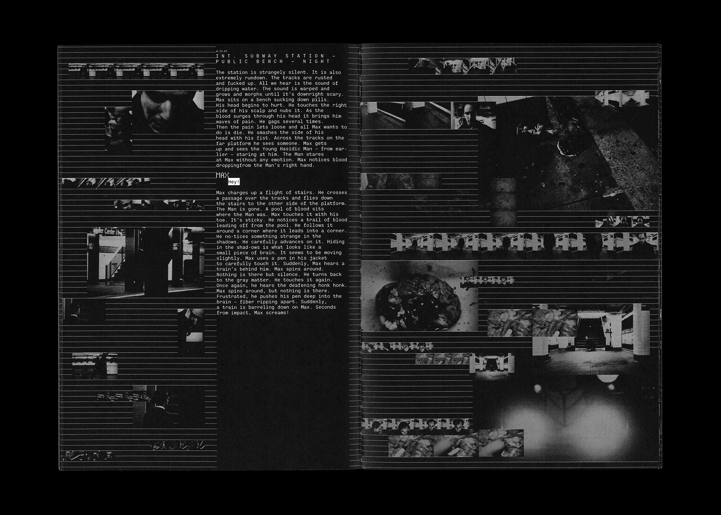 Fifth doublepage example of the book "PI" in black and white