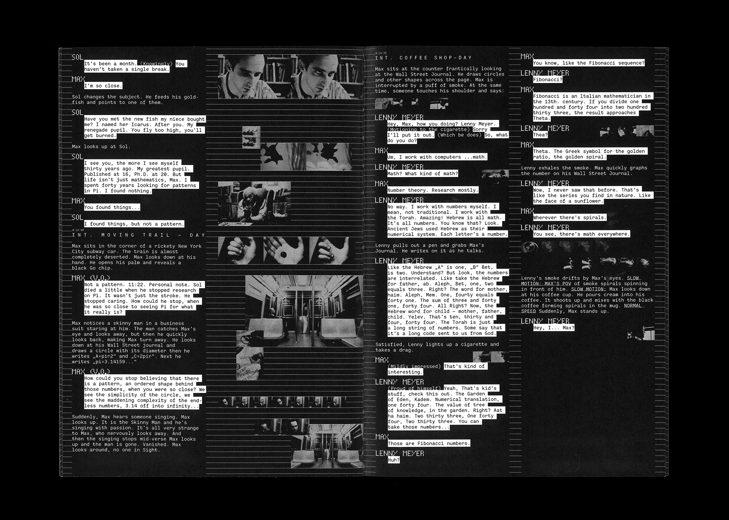 Eighth doublepage example of the book "PI" in black and white