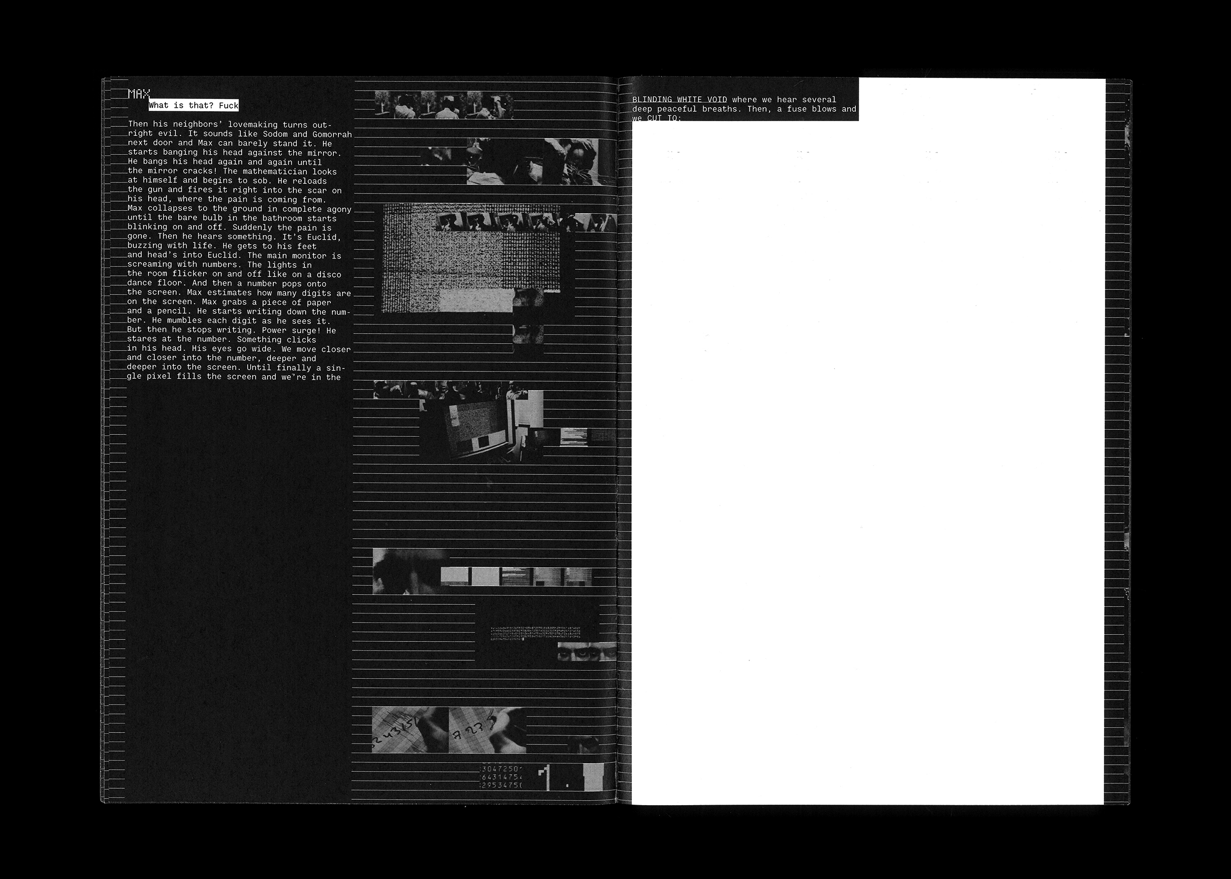 Second doublepage example of the book "PI" in black and white