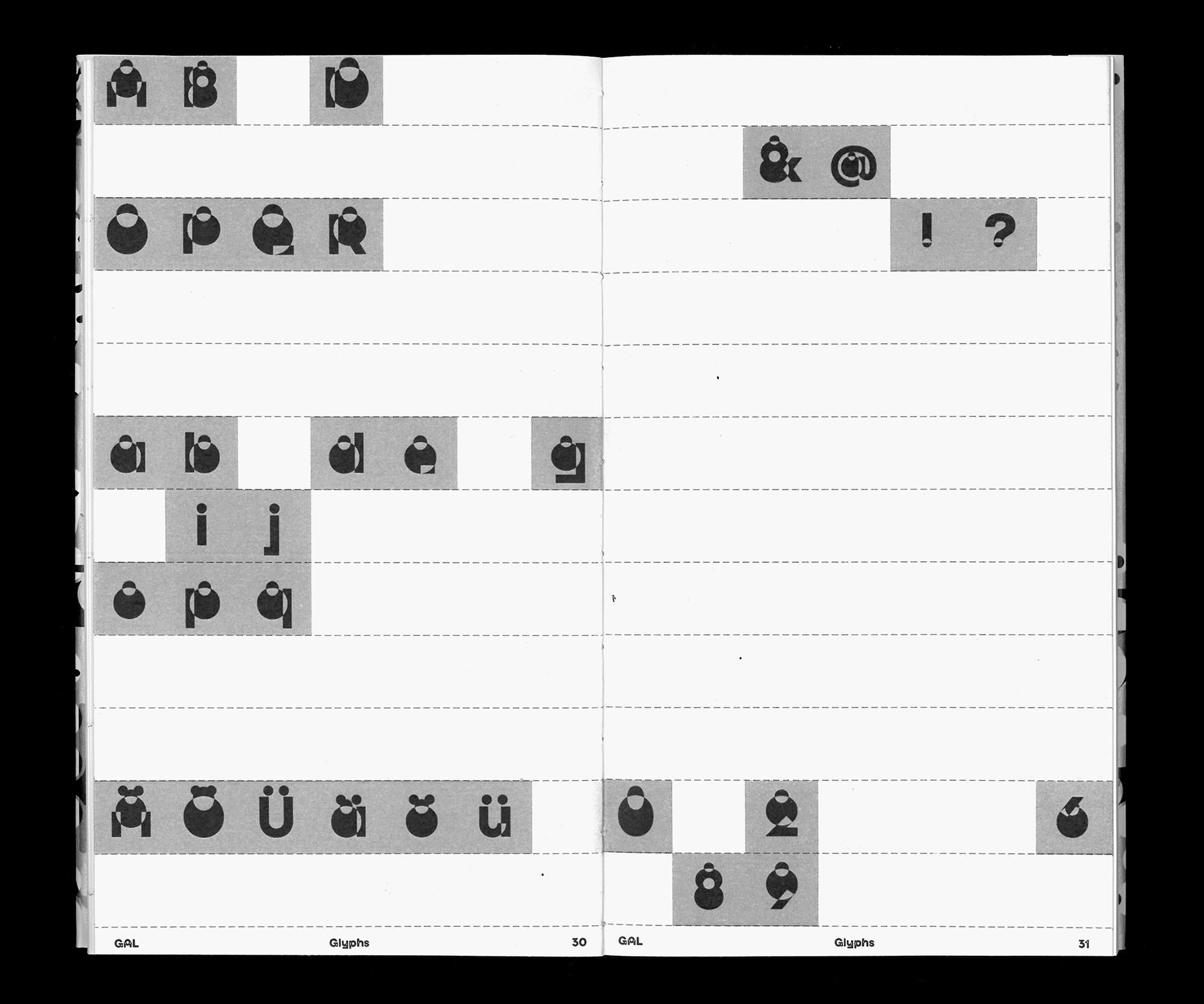 Example of the GAL specimen book showing only the letters that have a variable feature in the most extreme expression