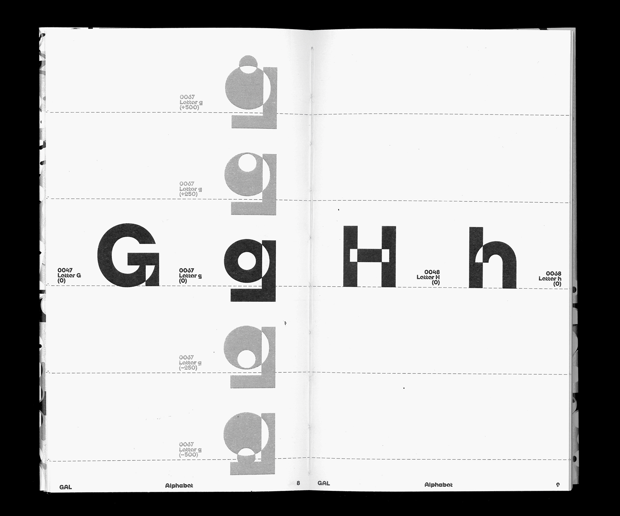 Example of the GAL specimen book showing the letters "G" and "H" with all there variable expressions