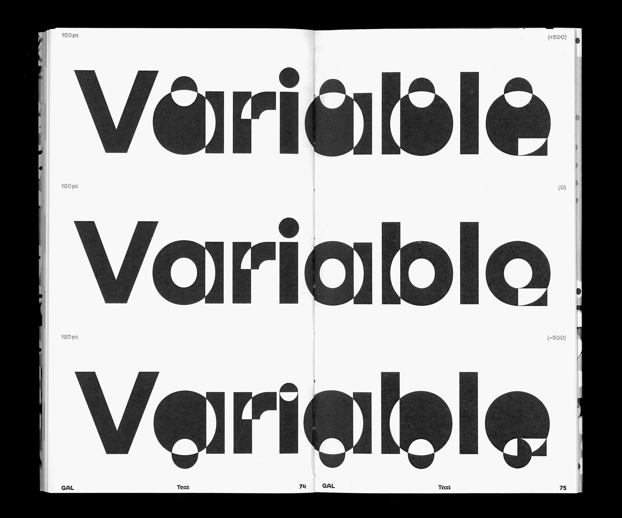 Example of the GAL specimen book whith the font shown in a big size spelling the Word "Variable"