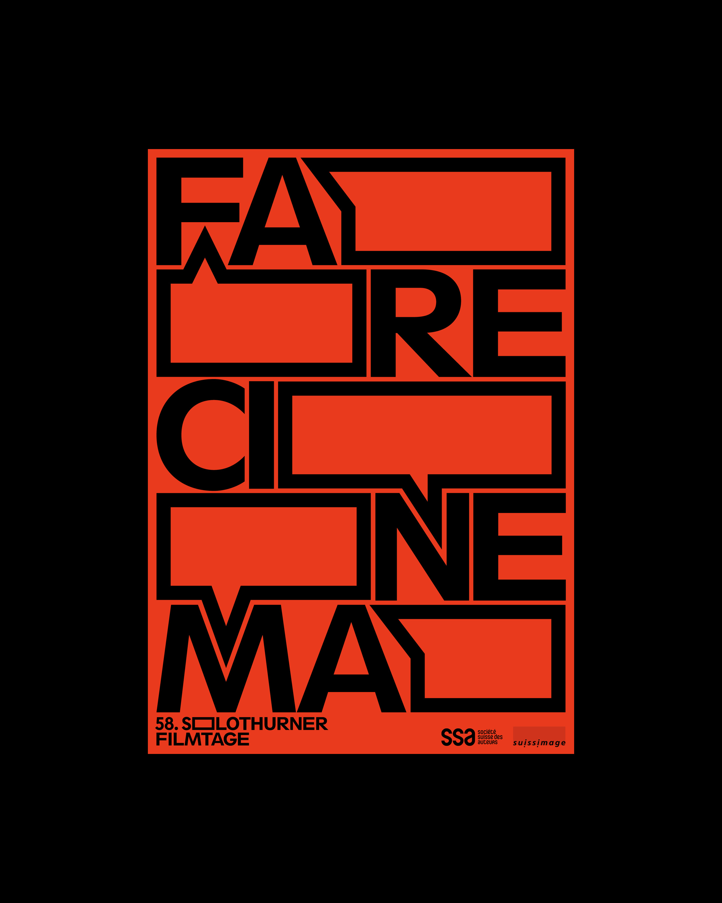 The red "Fare Cinema" visual with black typography on a black neutral background
