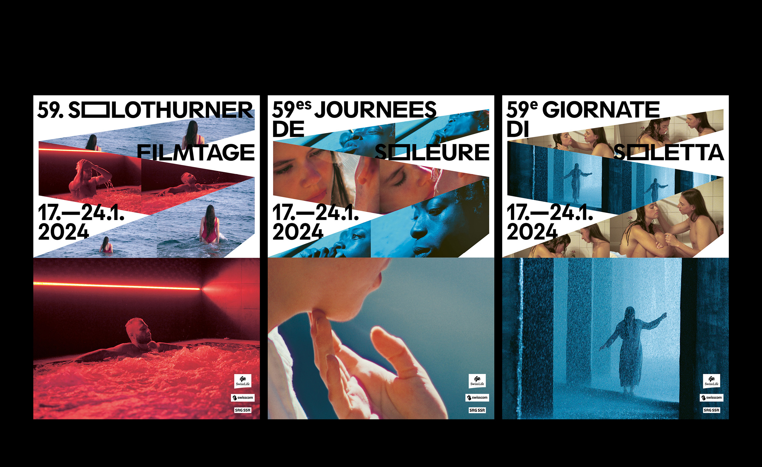 Serie of the Solothurner Filmtage Posters from the year 2024 on black background