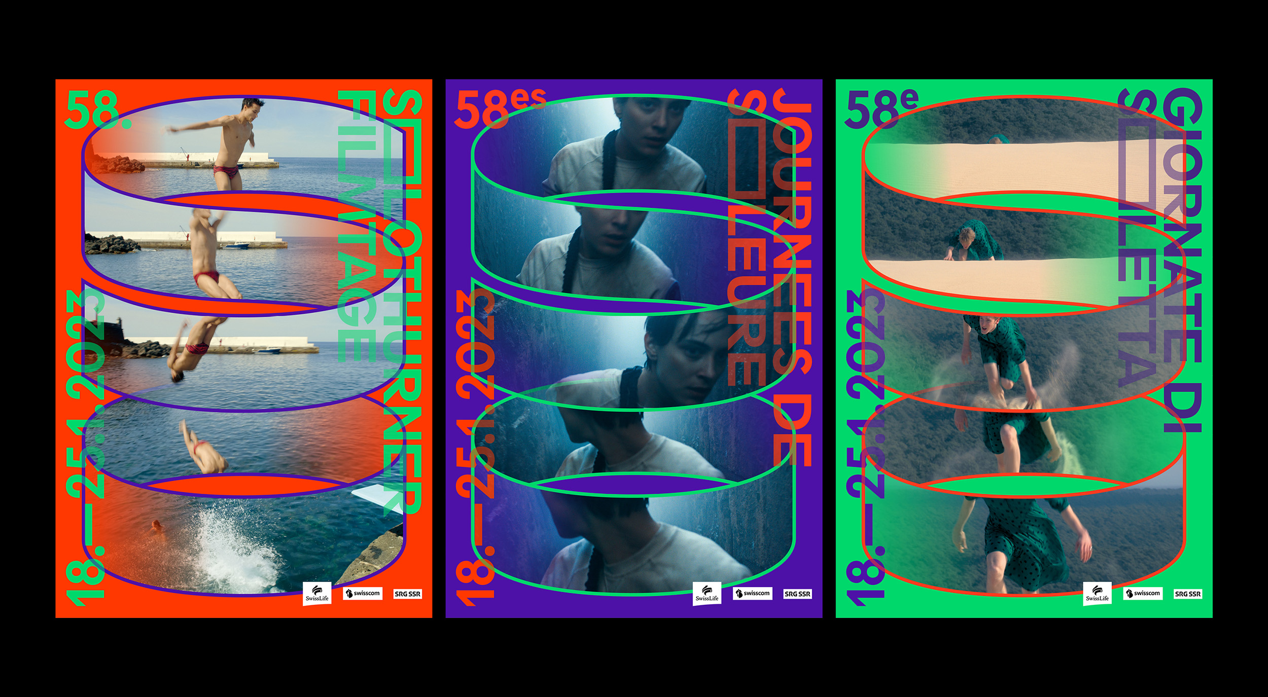 Serie of the Solothurner Filmtage Posters from the year 2023 on black background