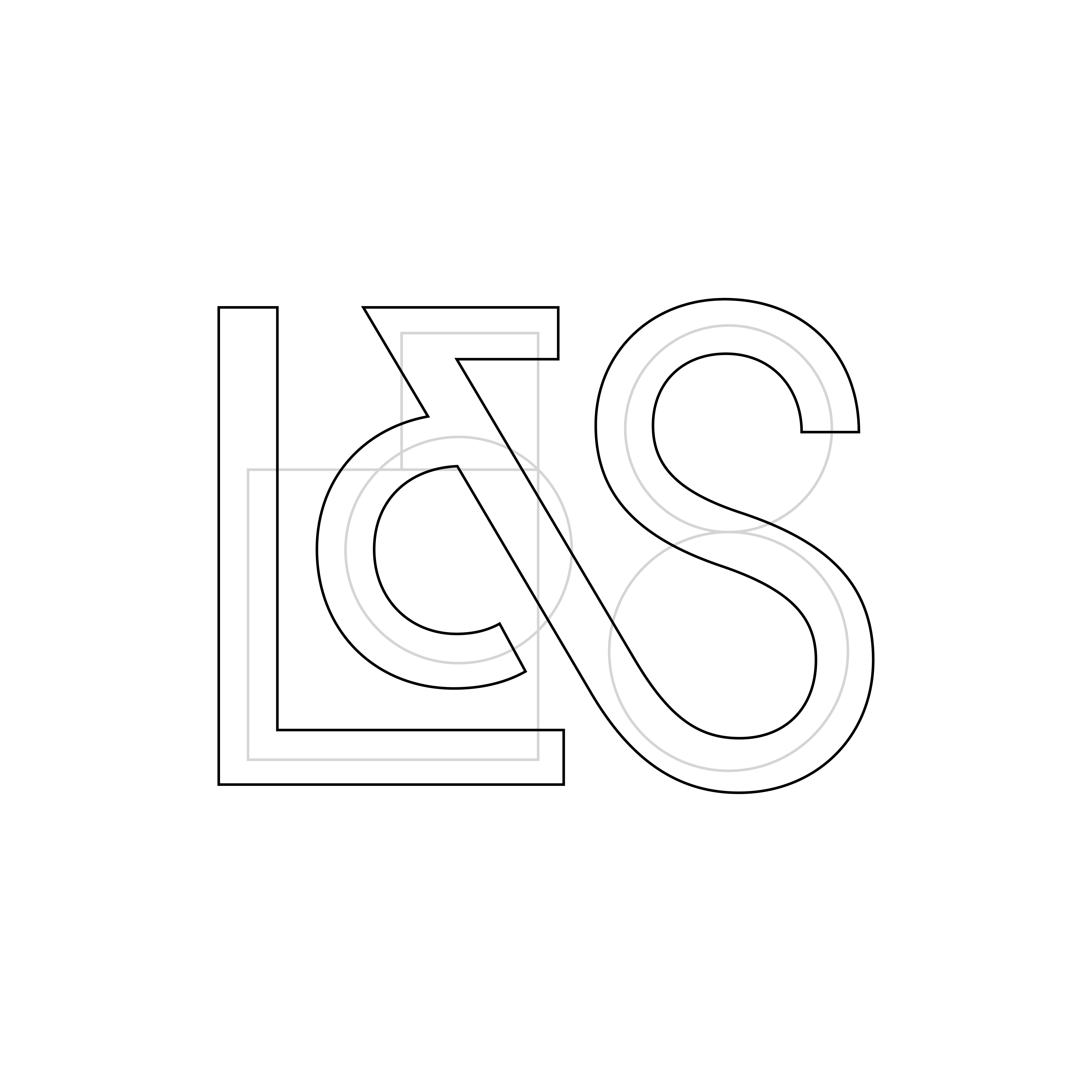 Outline L&S Logo with construction lines that show where the circle and rectangles are included in the logo