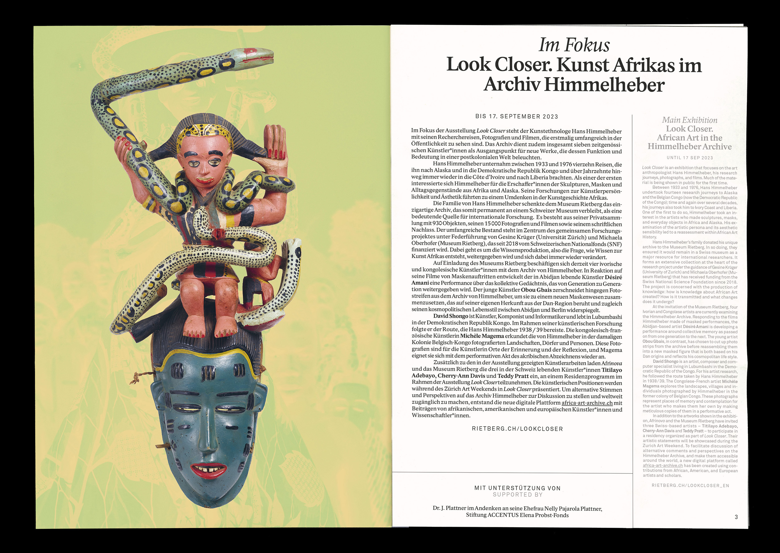 First double page example of the Rietberg Program showing a picture of African art and text about the exhibition