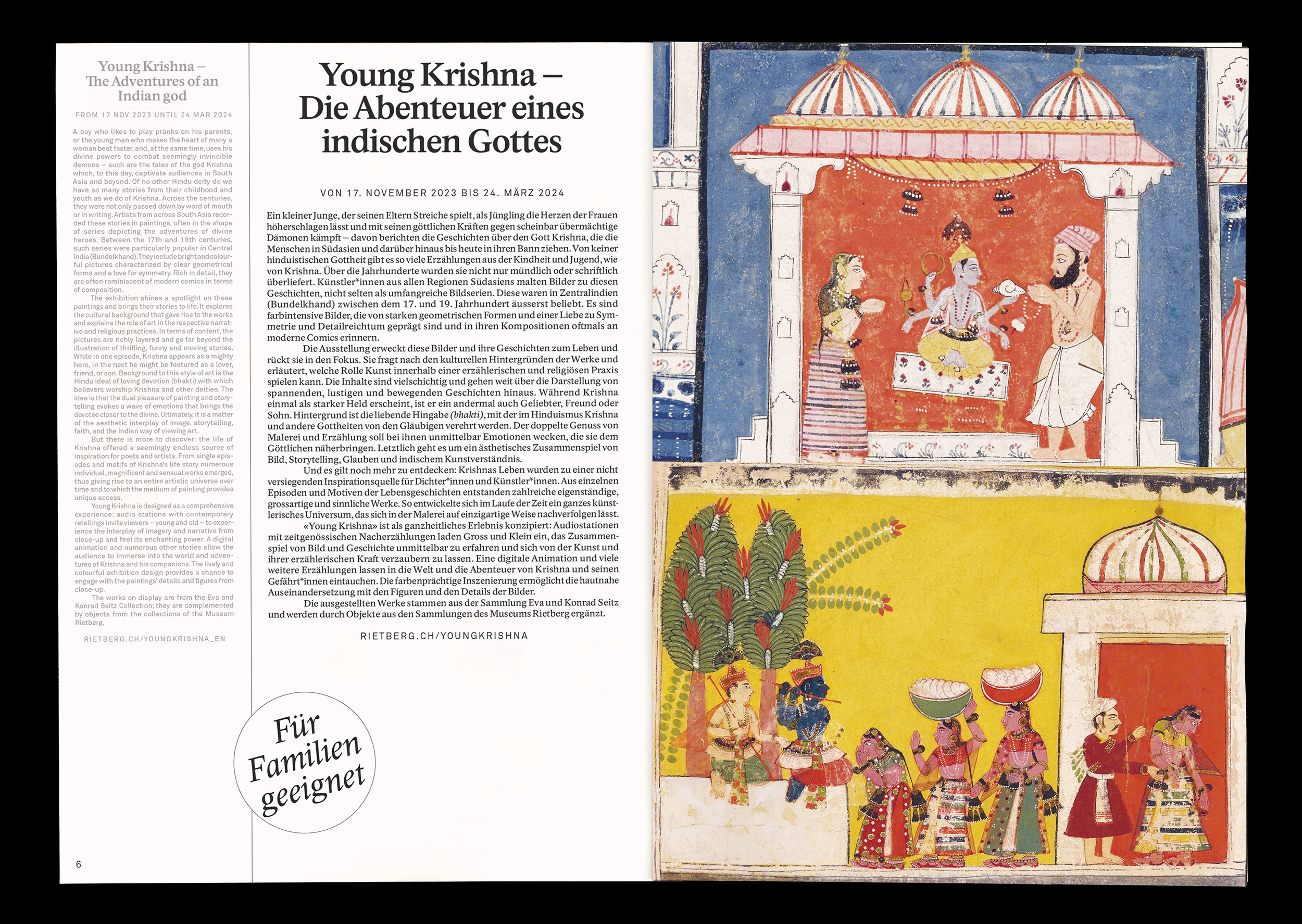 Third double page example of the Rietberg Program showing a picture of Indian art and text about the exhibition