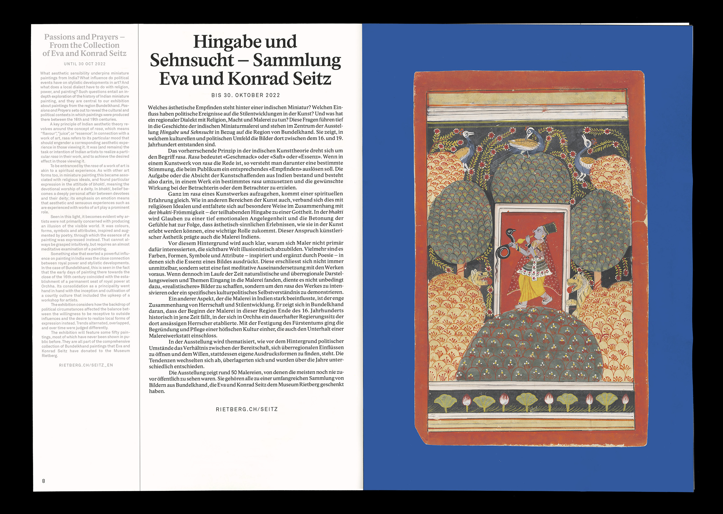 Second double page example of the Rietberg Program showing a picture of Indian art and text about the exhibition