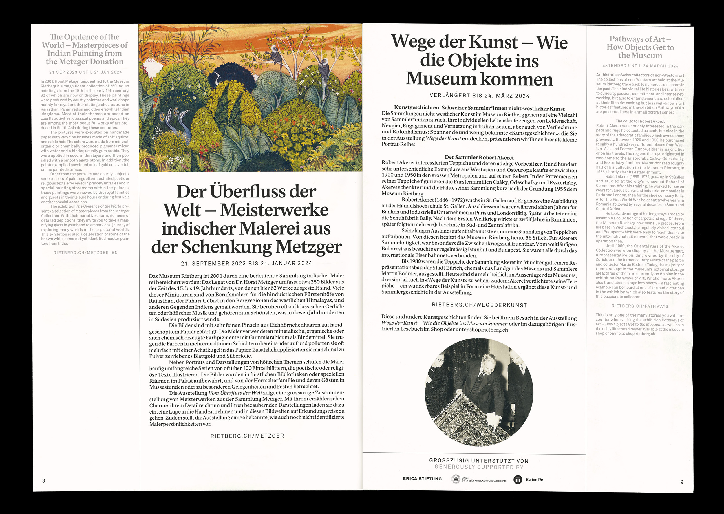 Double page example of the Rietberg Program showing a text about the new exhibitions and two pictures