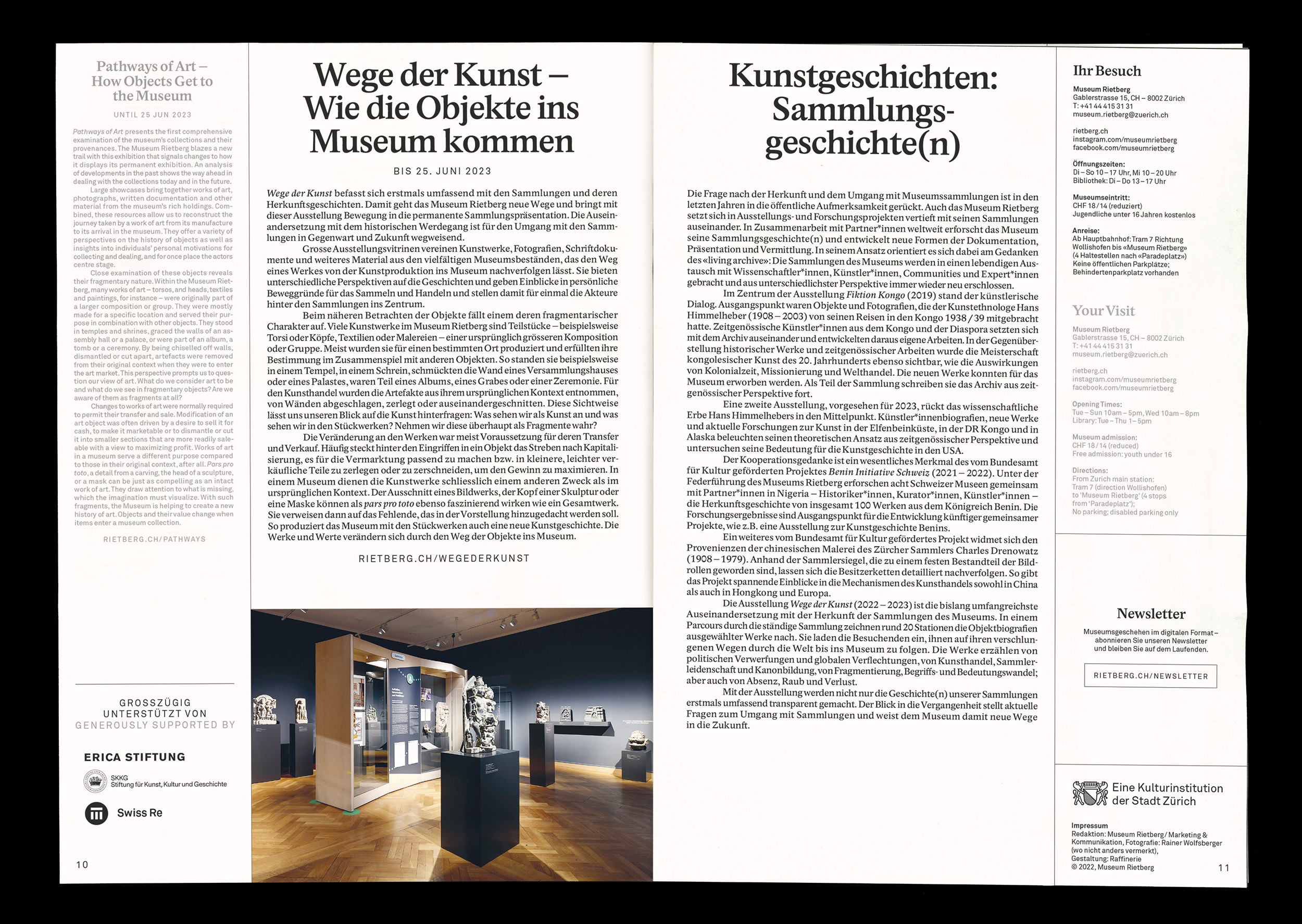 Double page example of the Rietberg Program showing a text about the exhibitions and news of the museum