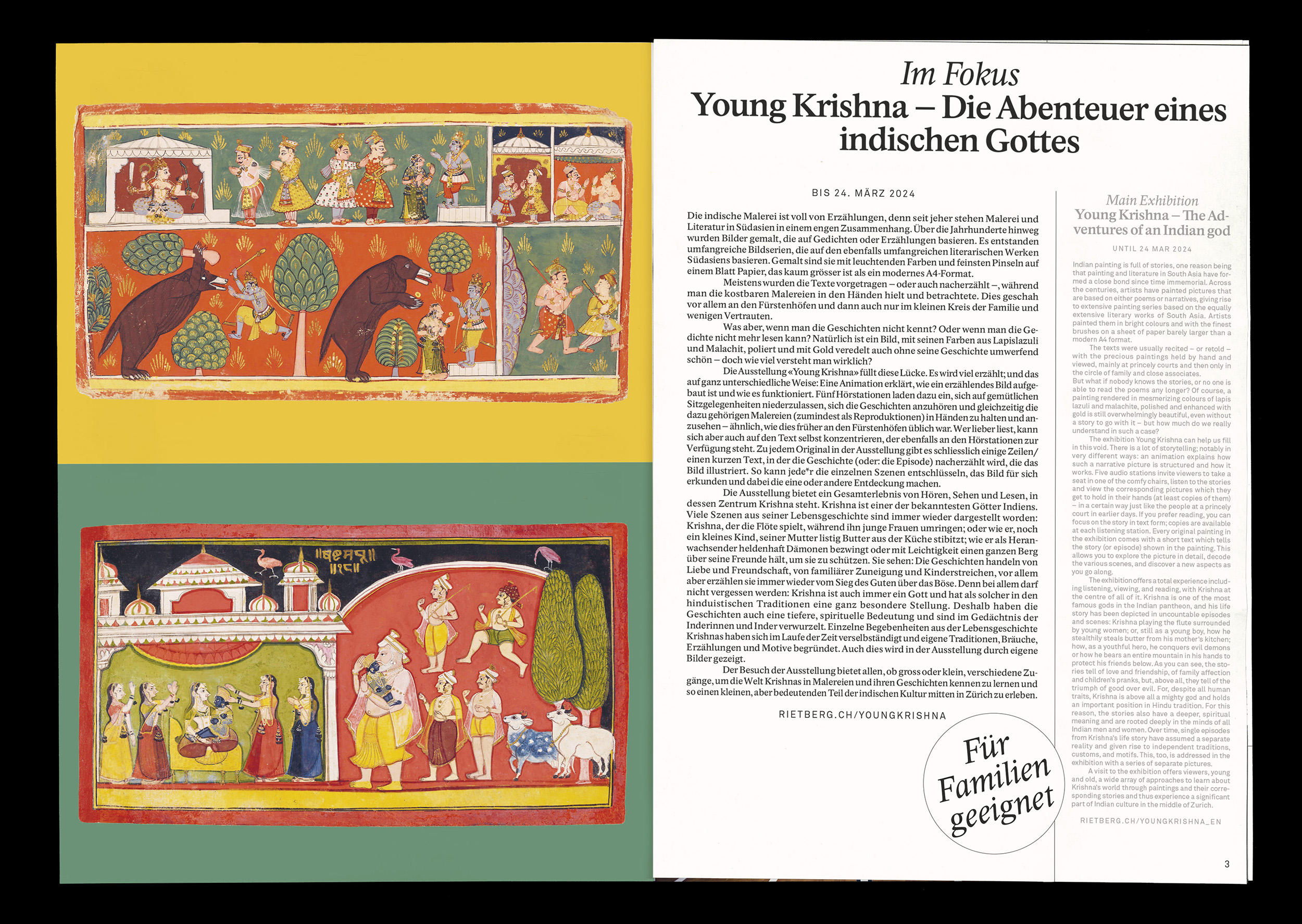 First double page example of the Rietberg Program showing a picture of Indian art and text about the exhibition