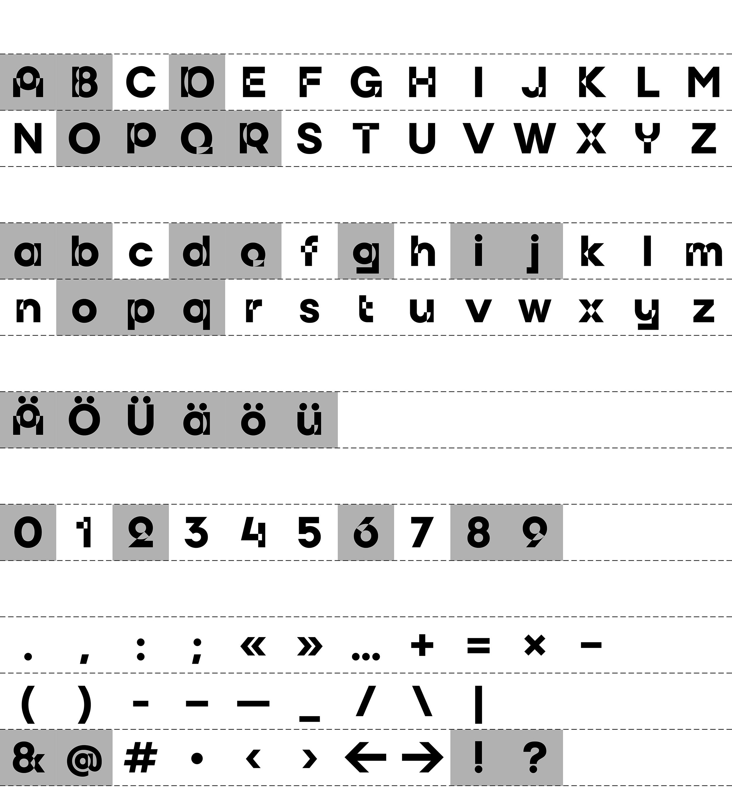 Overview of all the glyphs of the GAL font