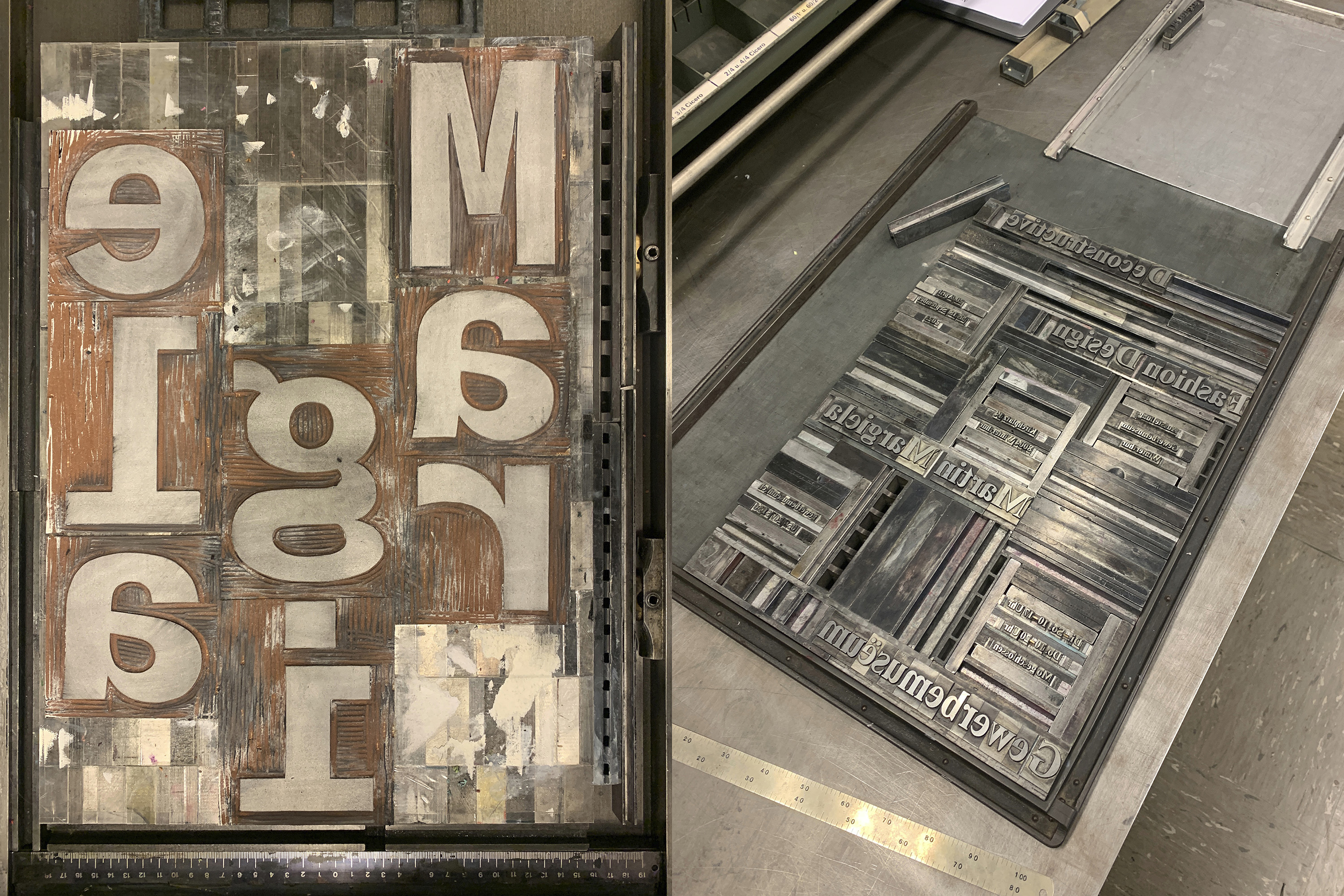 Handcutten Linol Letters spelling the Word "Margiela" and letterpress letters forming all the information for a Margiela exhibition poster