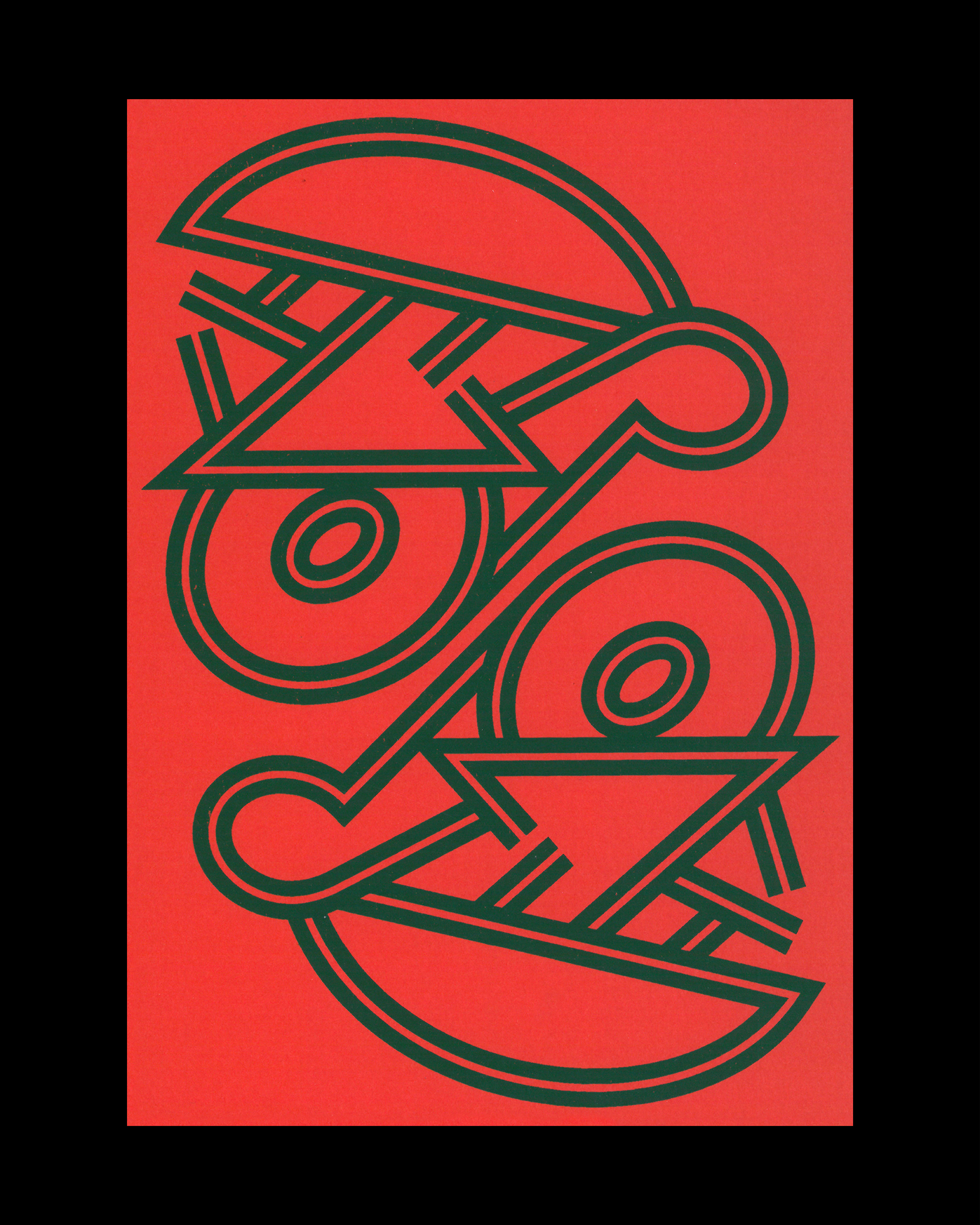 Abstract geometric face with interconnected circular and triangular shapes in dark green on a red background.