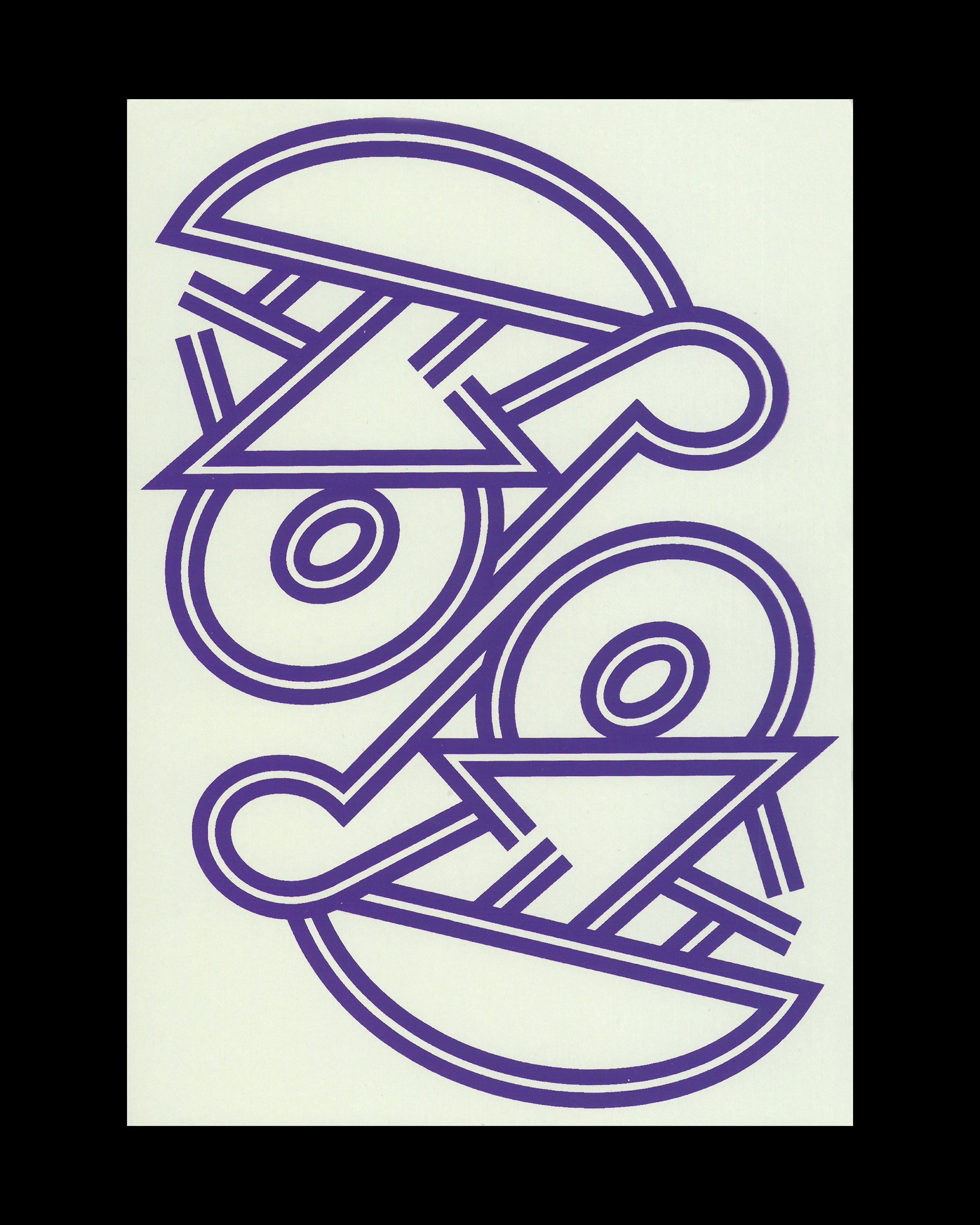 Illustration of a face with bold purple lines creating circles, triangles, and curved shapes on an off-white background.