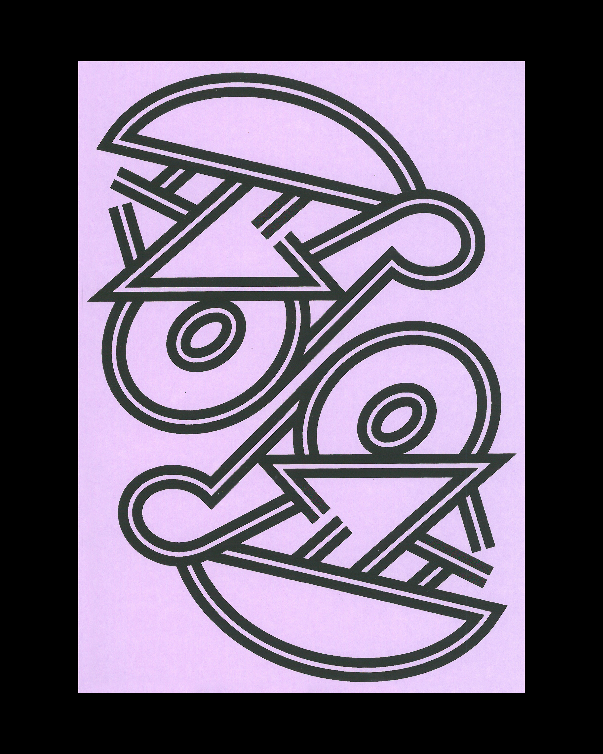 Abstract illustration of a face with black geometric shapes on a lavender background, featuring circles, triangles, and curved lines.