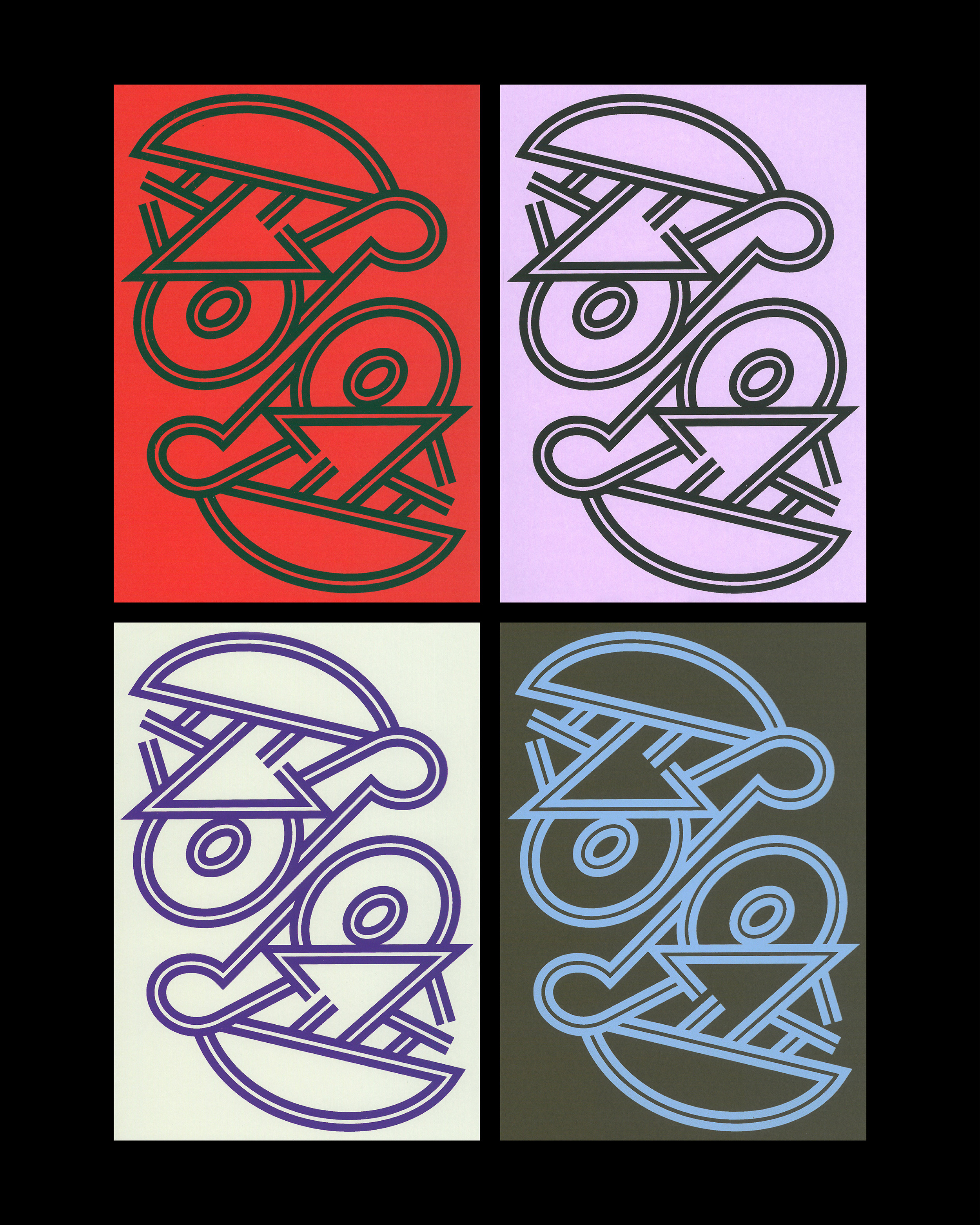 Four colorful geometric abstract illustrations of a face featuring overlapping circular and triangular shapes with lines, each in different background and line colors arranged in a 2x2 grid.