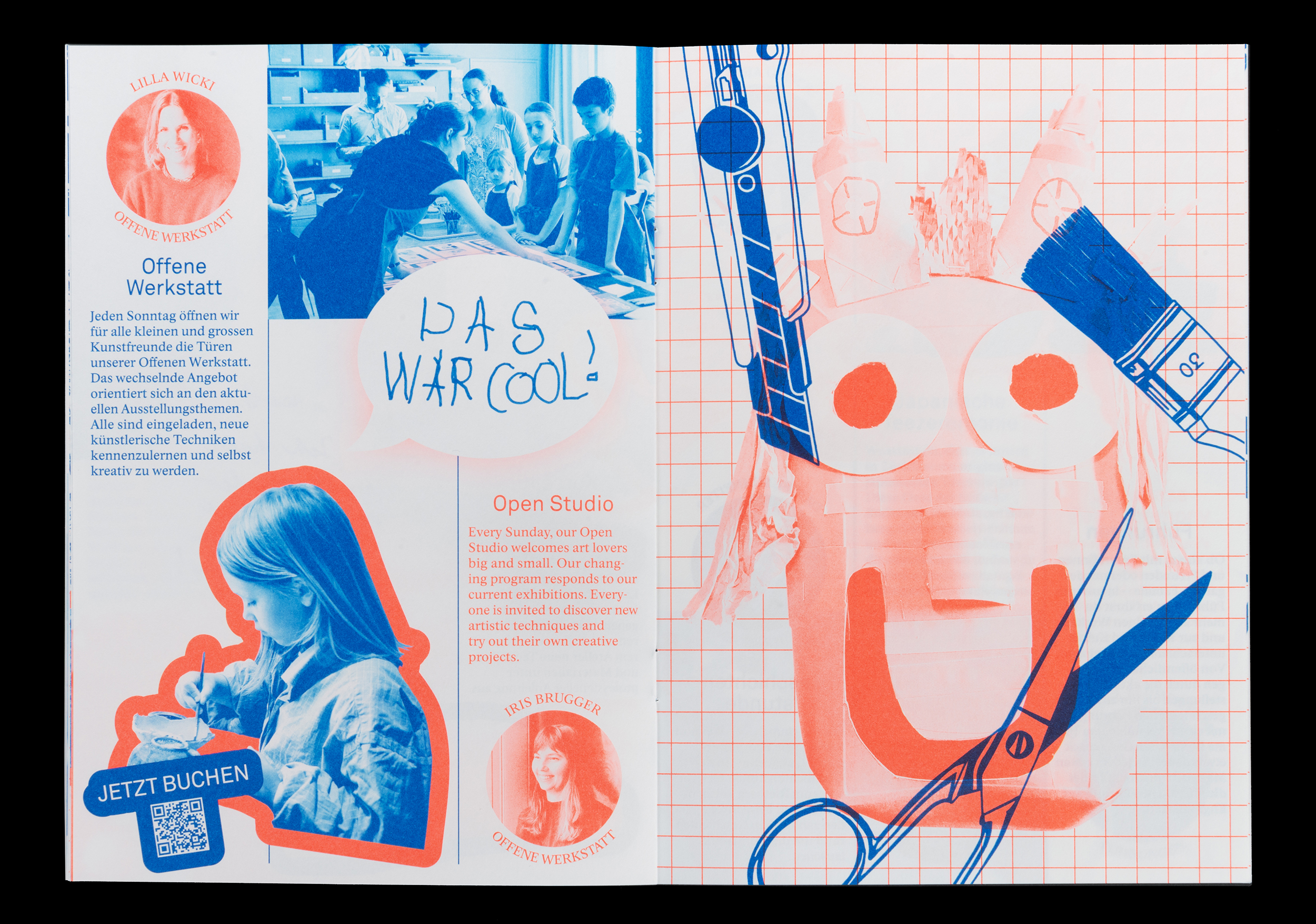 Magazine spread featuring an art workshop with children, a girl painting, and colorful graphics including scissors, a brush, and a knife over a smiling face made of paper.