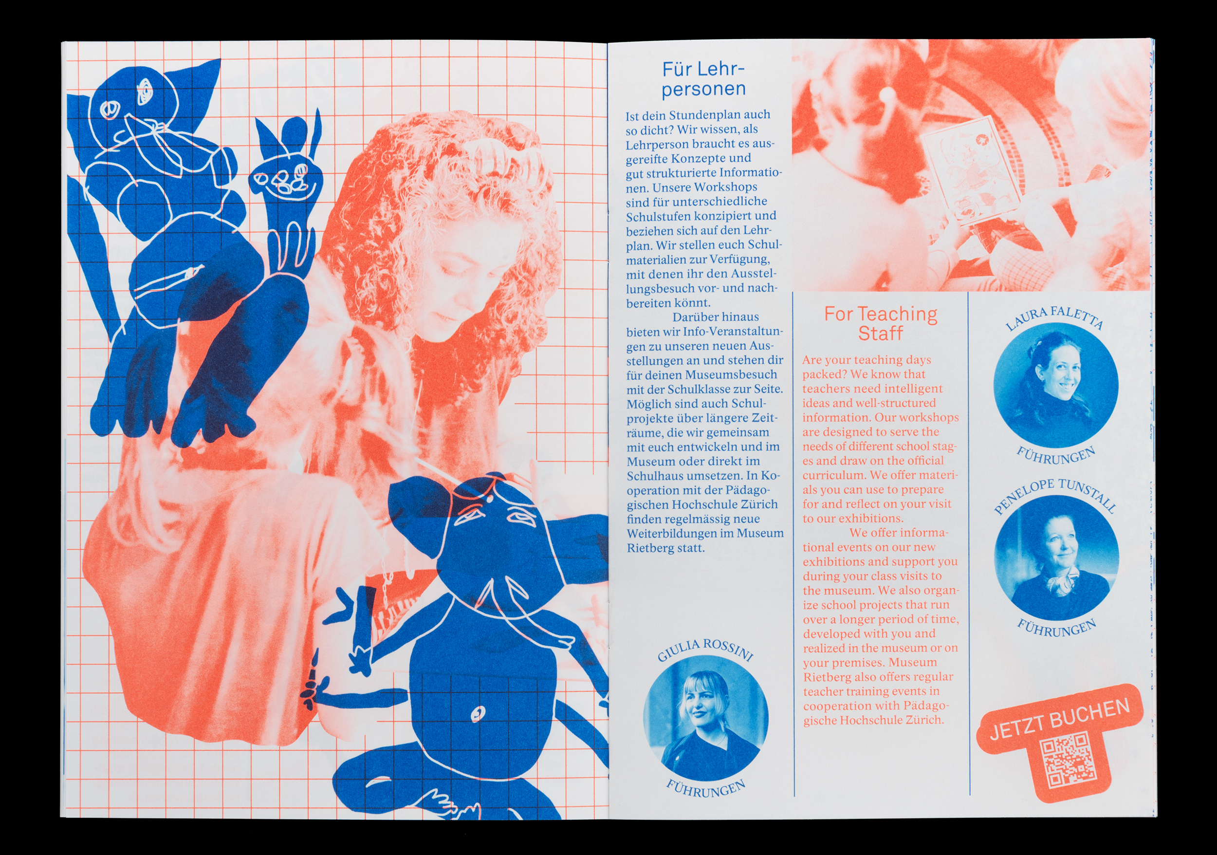 Open book spread with German and English text for teaching staff, featuring a photo of a woman drawing surrounded by blue abstract animal sketches and portraits of three guides.