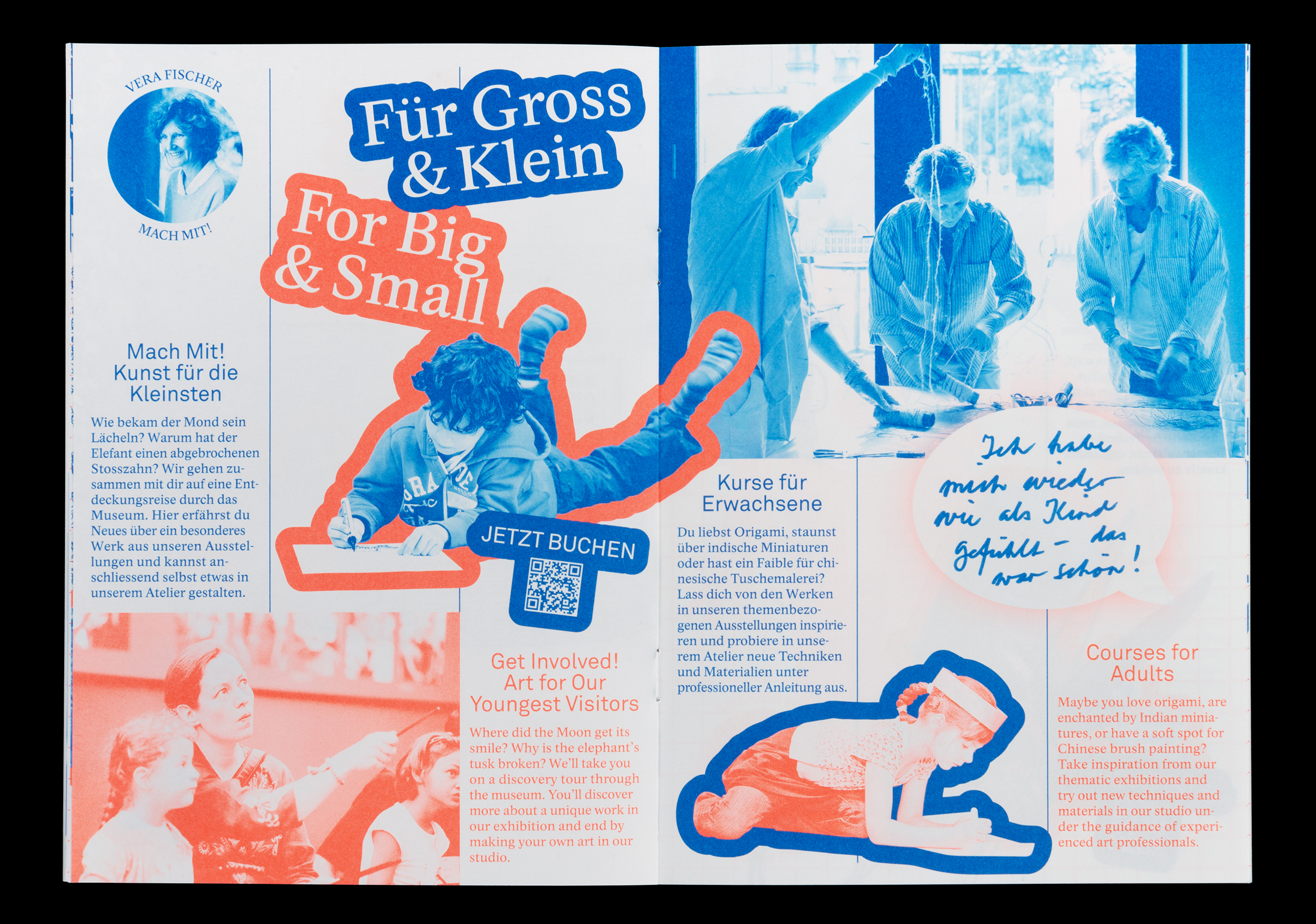 Magazine spread promoting art activities and courses for children and adults with images of kids drawing and adults engaged in art, featuring bilingual German and English text.