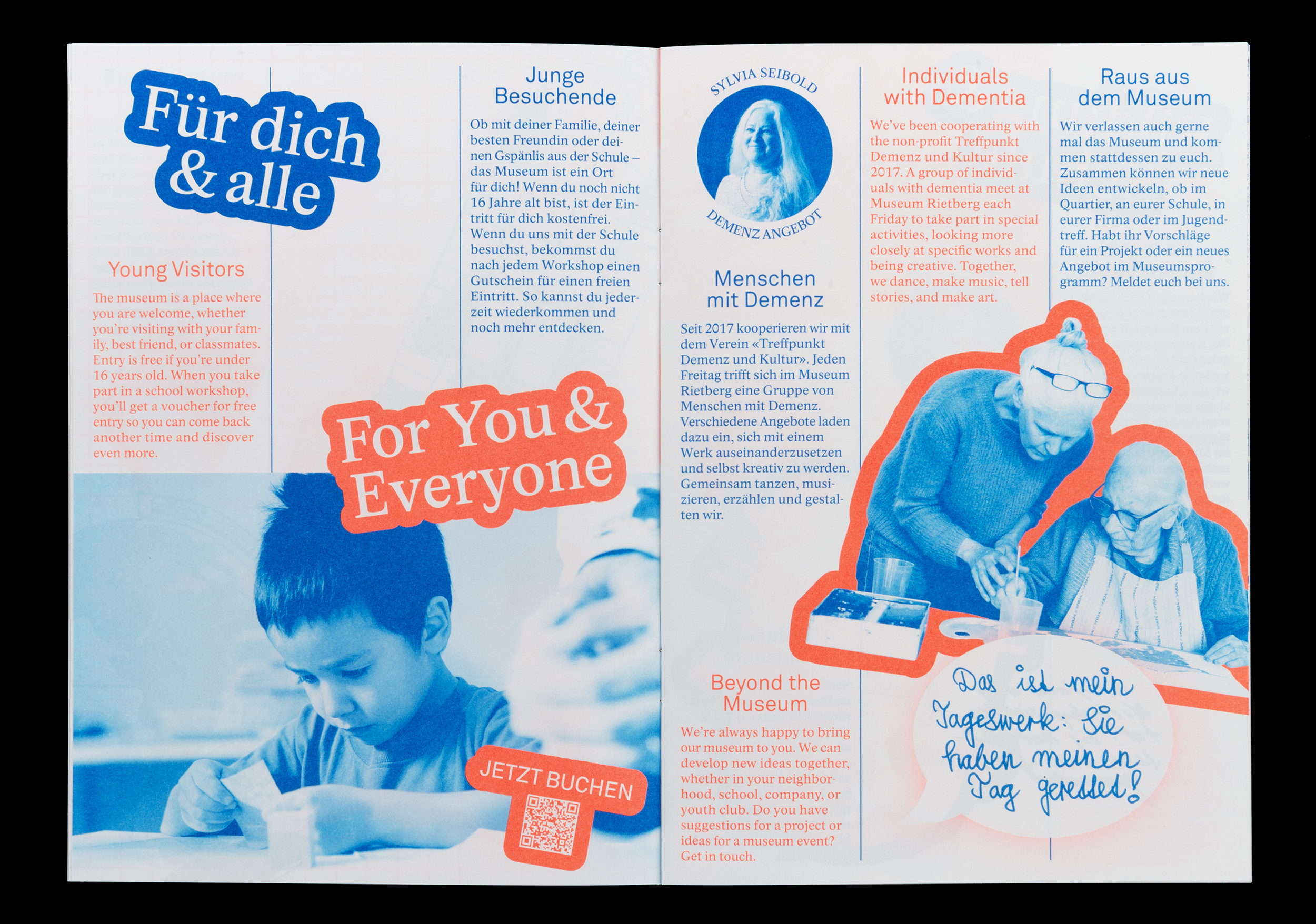 Open brochure titled 'For You & Everyone' featuring a young boy working on a craft on the left and a caregiver assisting an elderly person with dementia on the right, with bilingual text about museum visits for young people, individuals with dementia, and community projects.