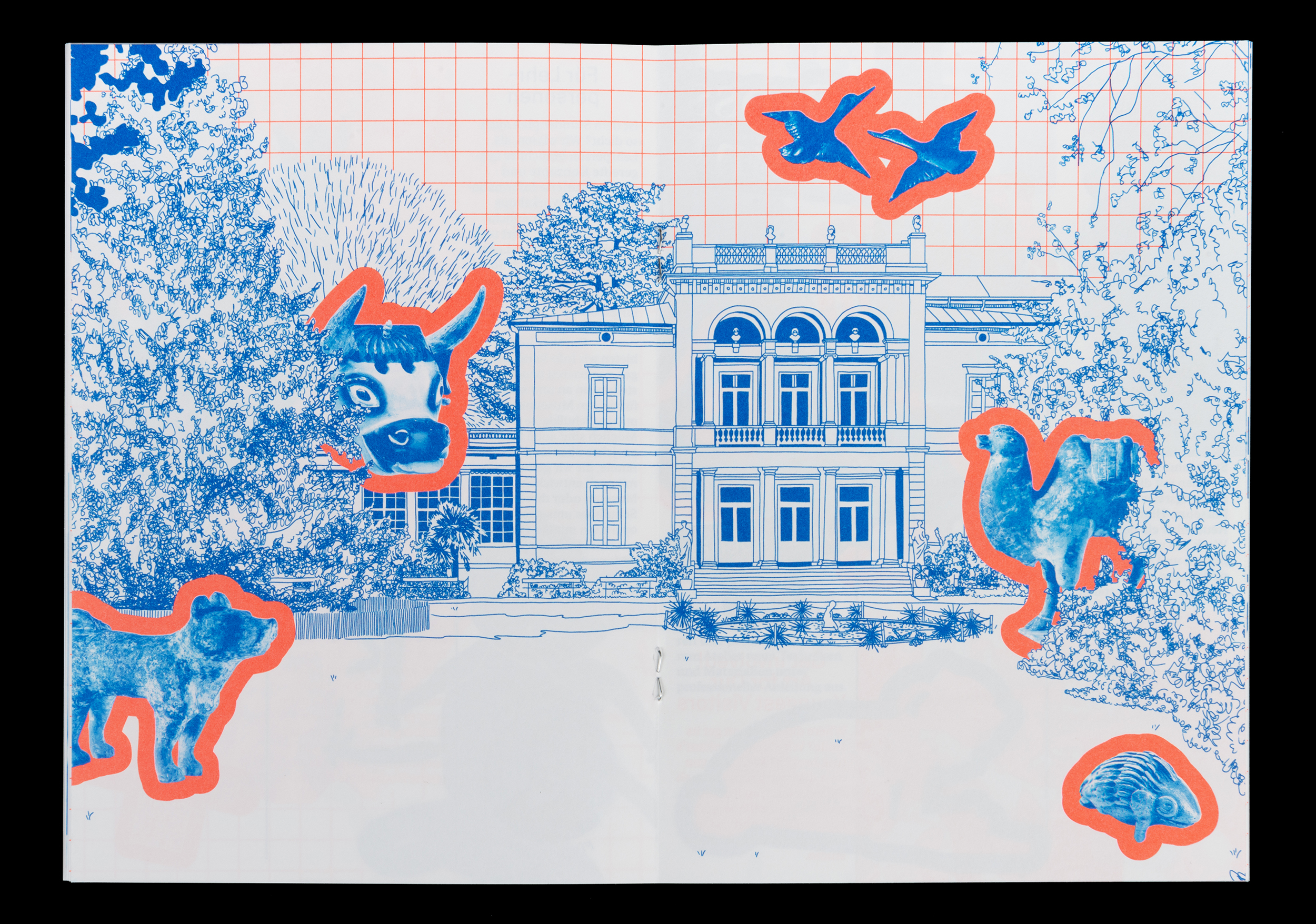 Illustration of a classical building framed by trees with blue animal figures outlined in orange, including a cow head, two birds, a camel, a dog, and a seashell.